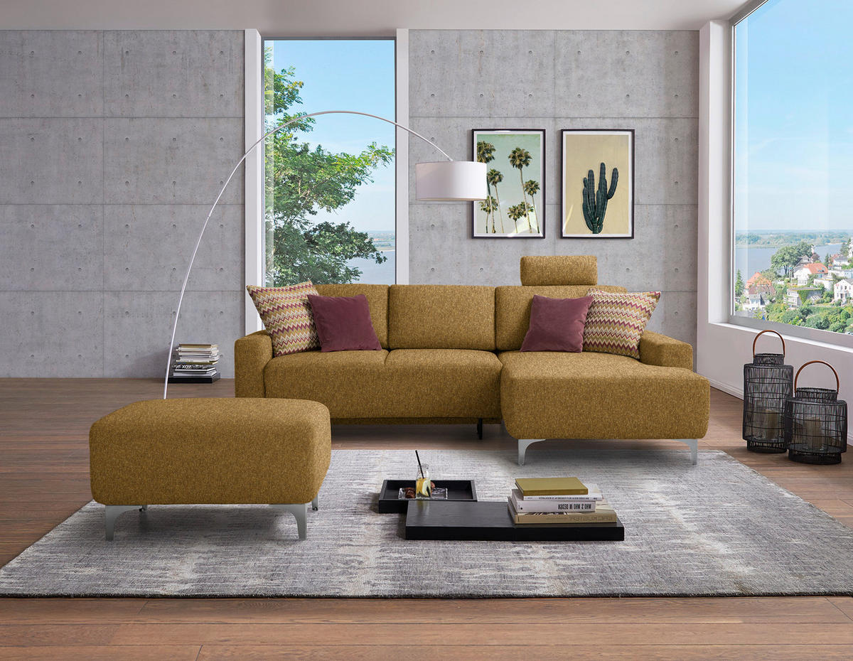 ECKSOFA  in Mikrovelours Senfgelb  248/160 cm  - Senfgelb/Alufarben, Design, Textil/Metall (248/160cm) - Sedda