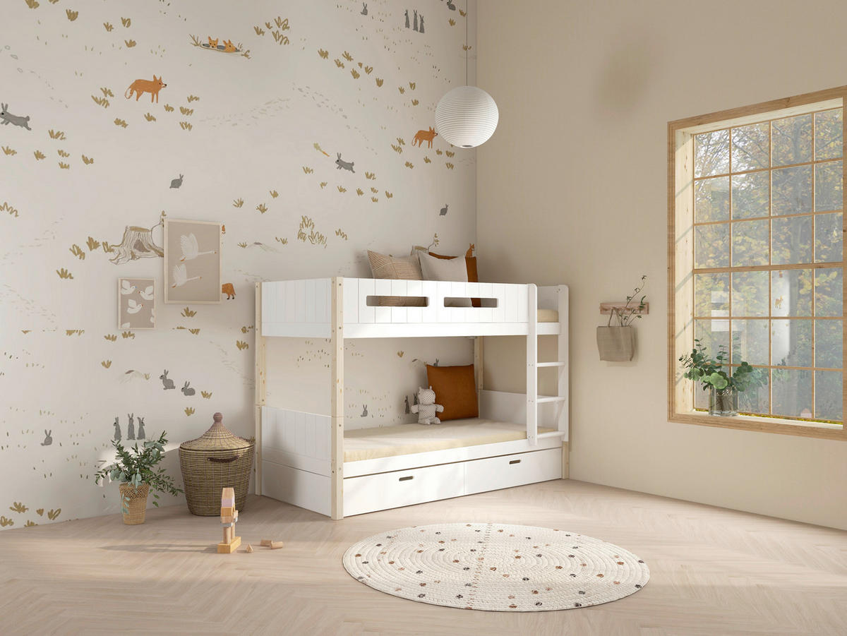 ETAGENBETT 90/200 cm,  in Absturzsicherung, Leiter, Rollroste, Bettschublade  - Naturfarben/Weiß, MODERN, Holz (90/200cm) - Chameo