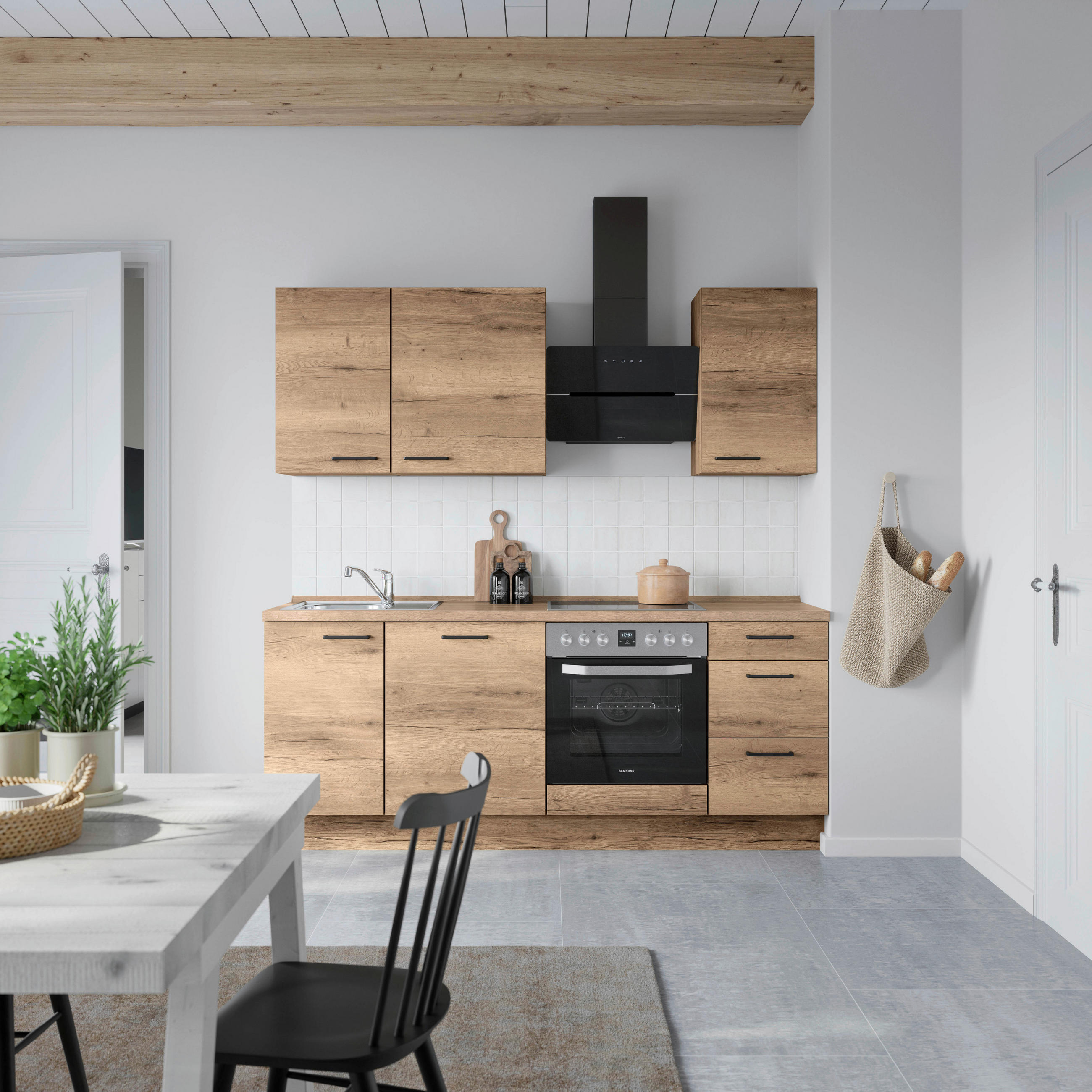 BUCĂTĂRIE FĂRĂ ELECTROCASNICE  - stejar închis la culoare/negru, Modern, metal/material pe bază de lemn (210cm) - Nobilia