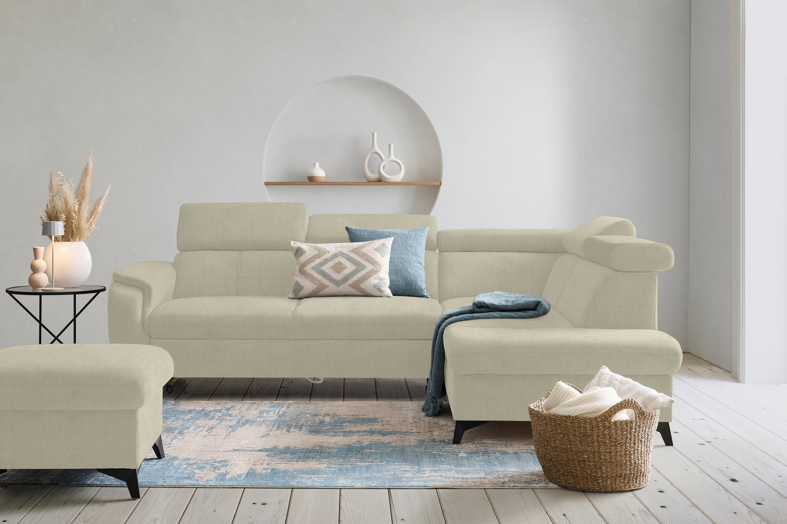 ECKSOFA in Flachgewebe Creme  - Creme/Schwarz, Design, Textil/Metall (260/203cm) - Stylife