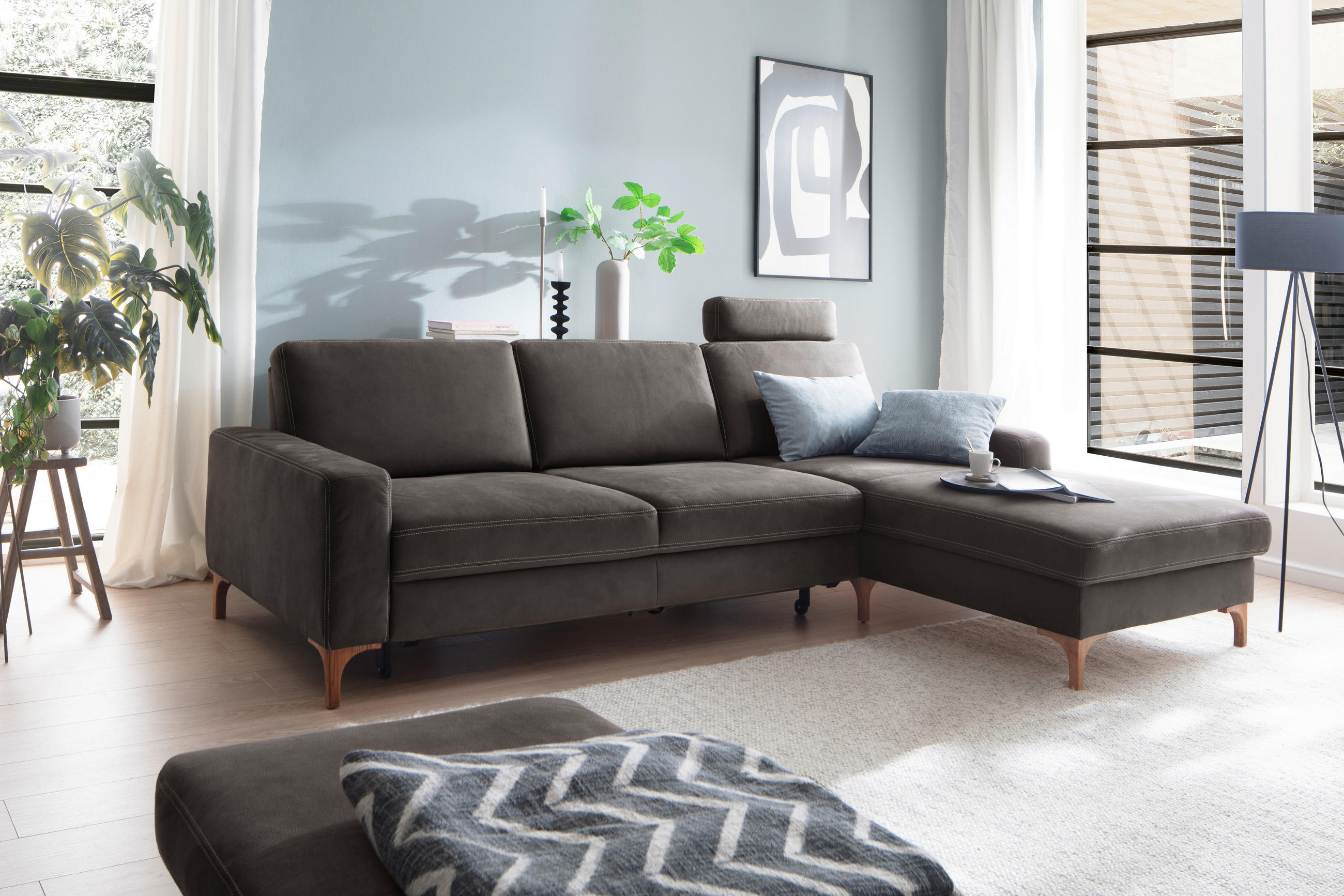 ECKSOFA in Mikrofaser Anthrazit  - Eichefarben/Anthrazit, Design, Holz/Textil (278/185cm) - Pure Home Lifestyle