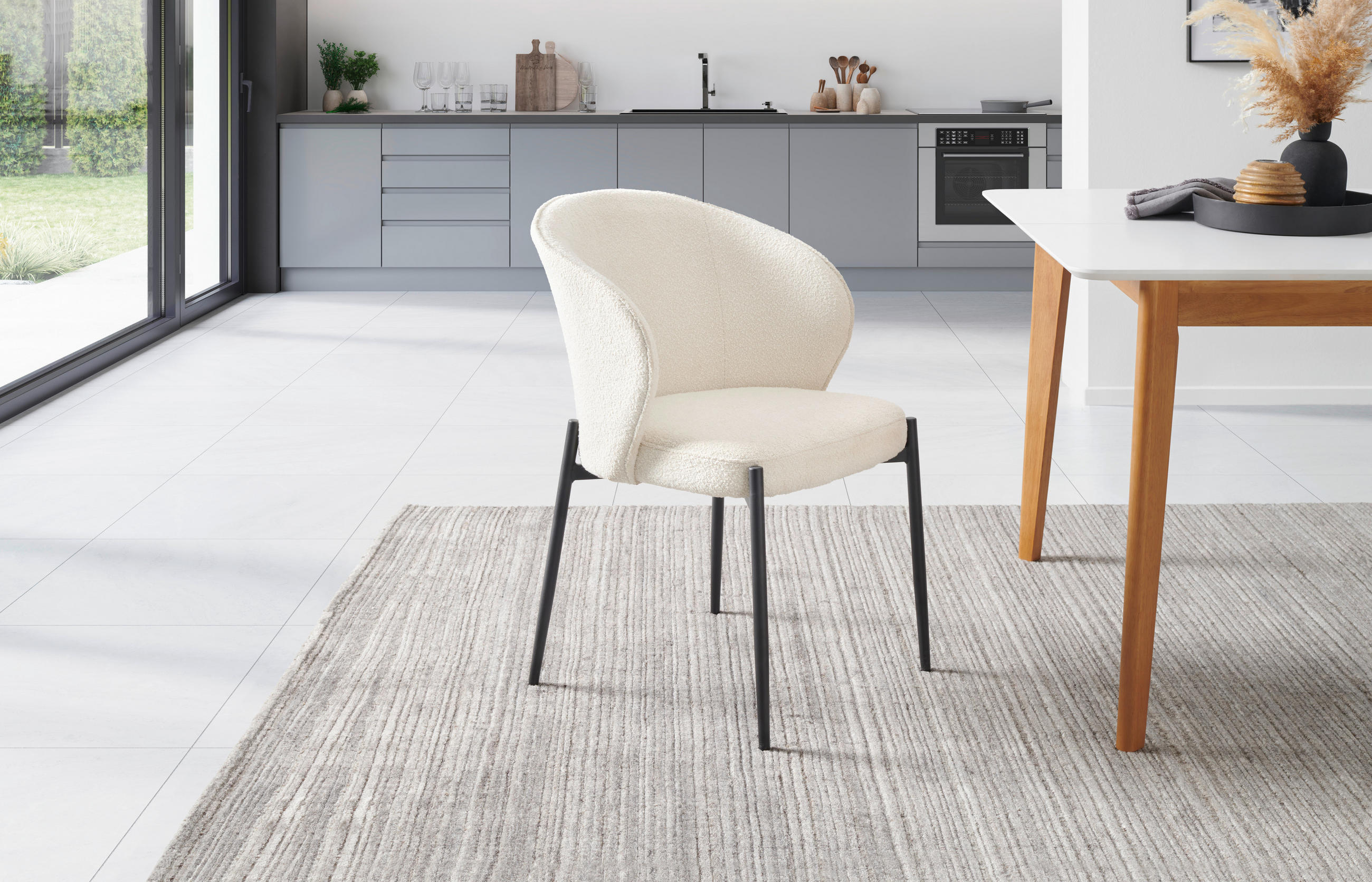 Thumbnail - Livetastic Armlehnstuhl Boucle, Weiß, Holz, Metall, Textil, Pappel, Sperrholz, Rundrohr, 55x80x58 cm, Esszimmer, Stühle,...