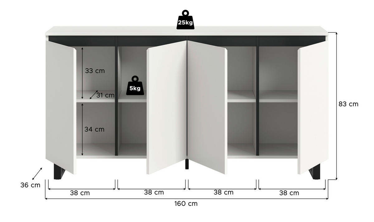 SIDEBOARD  160/84/36 cm  - vit/svart, Design, metall/trämaterial (160/84/36cm) - Livetastic