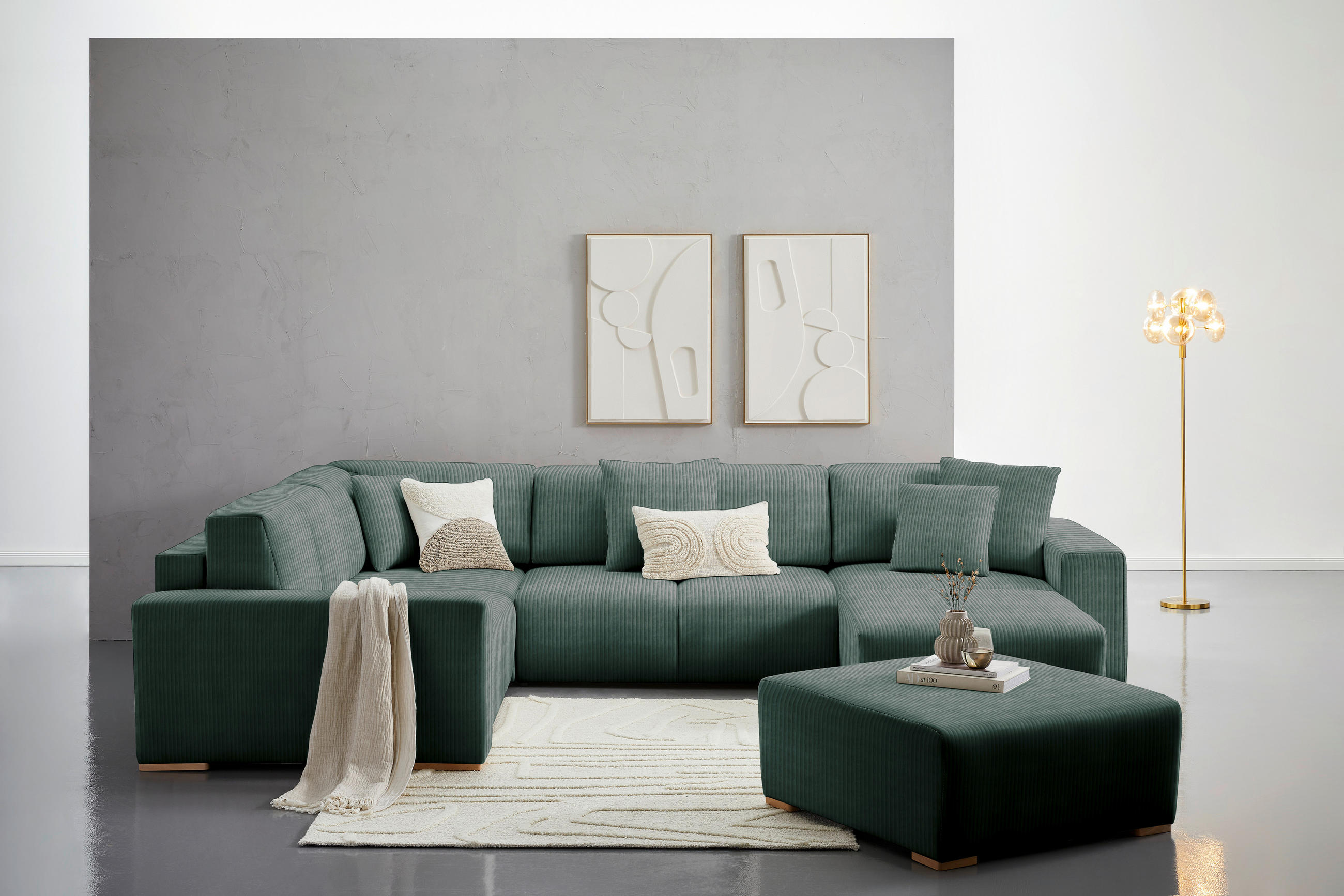 WOHNLANDSCHAFT Grün Cord  - Buchefarben/Schwarz, KONVENTIONELL, Holz/Kunststoff (283/371/208cm) - Livetastic