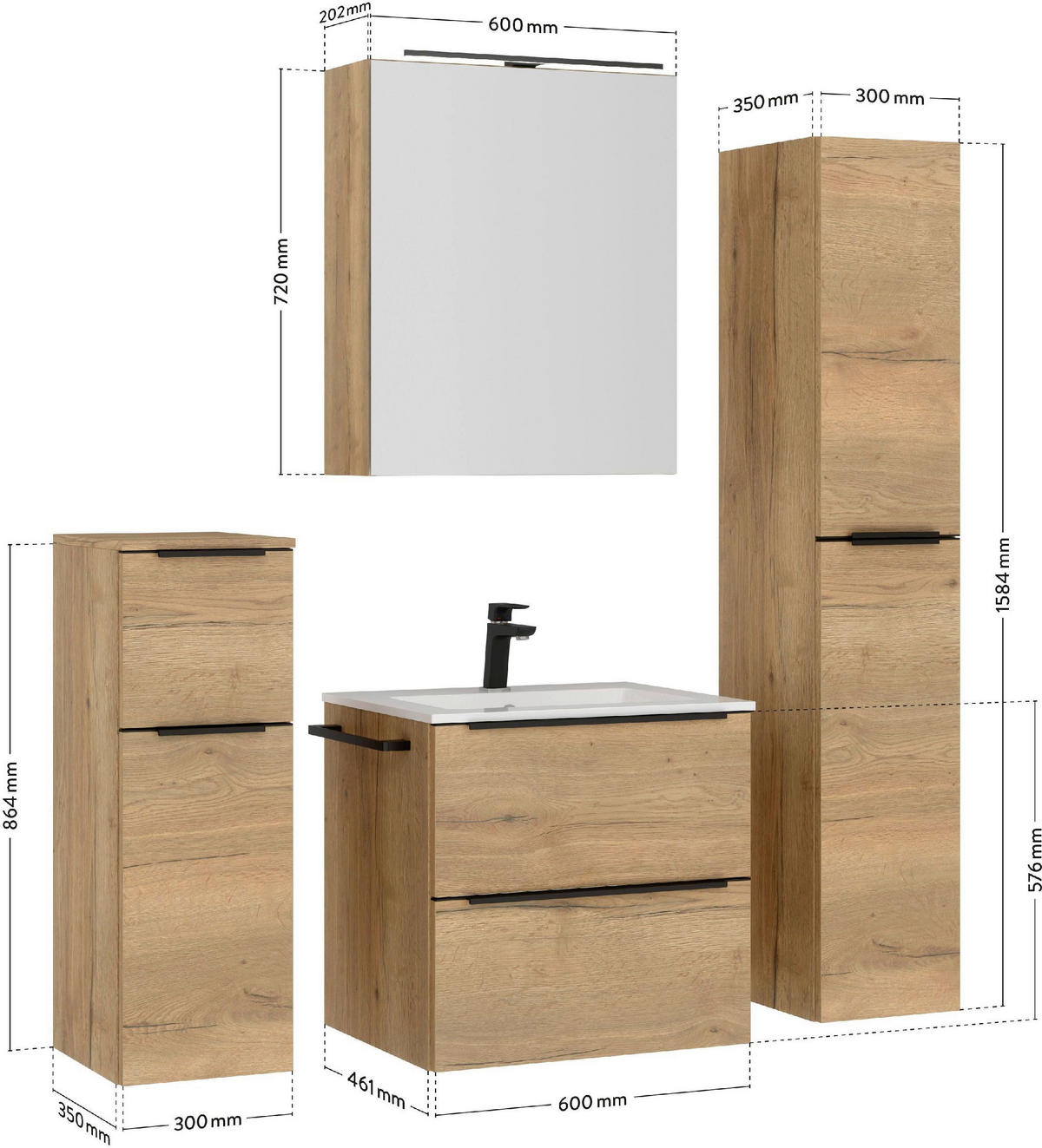 WASCHTISCHKOMBI 61 cm  - Eichefarben/Schwarz, MODERN, Holzwerkstoff/Stein (61cm) - Nobilia