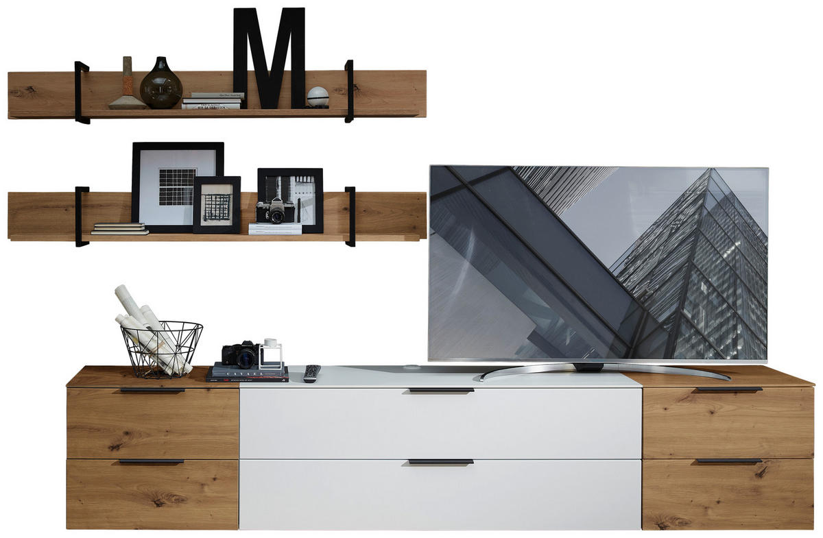 WOHNWAND  in Weiß, Eichefarben  290/172/44 cm  - Eichefarben/Schwarz, MODERN, Holzwerkstoff/Metall (290/172/44cm) - Livetastic