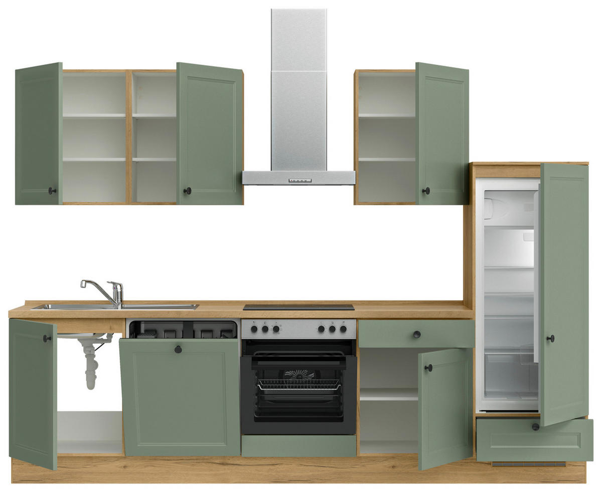 BUCĂTĂRIE FĂRĂ ELECTROCASNICE  - verde/culoare lemn stejar, Modern, metal/material pe bază de lemn (300cm) - Nobilia