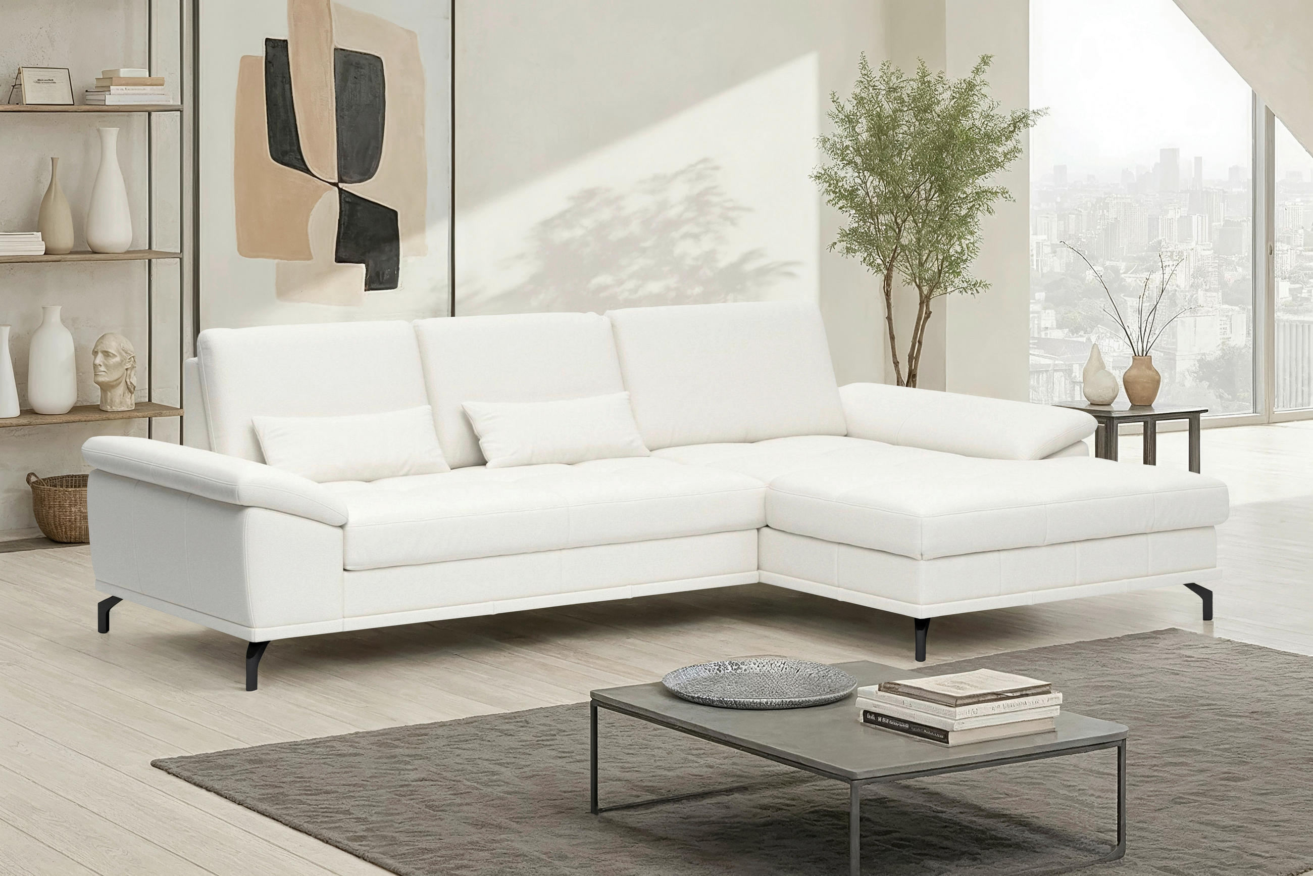 ECKSOFA COSTELLO E Weiß Echtleder Nierenkissen, Armteilverstellung, Sitztiefenverstellung  - Schwarz/Weiß, Basics, Leder/Textil (301/176cm) - Sit & More