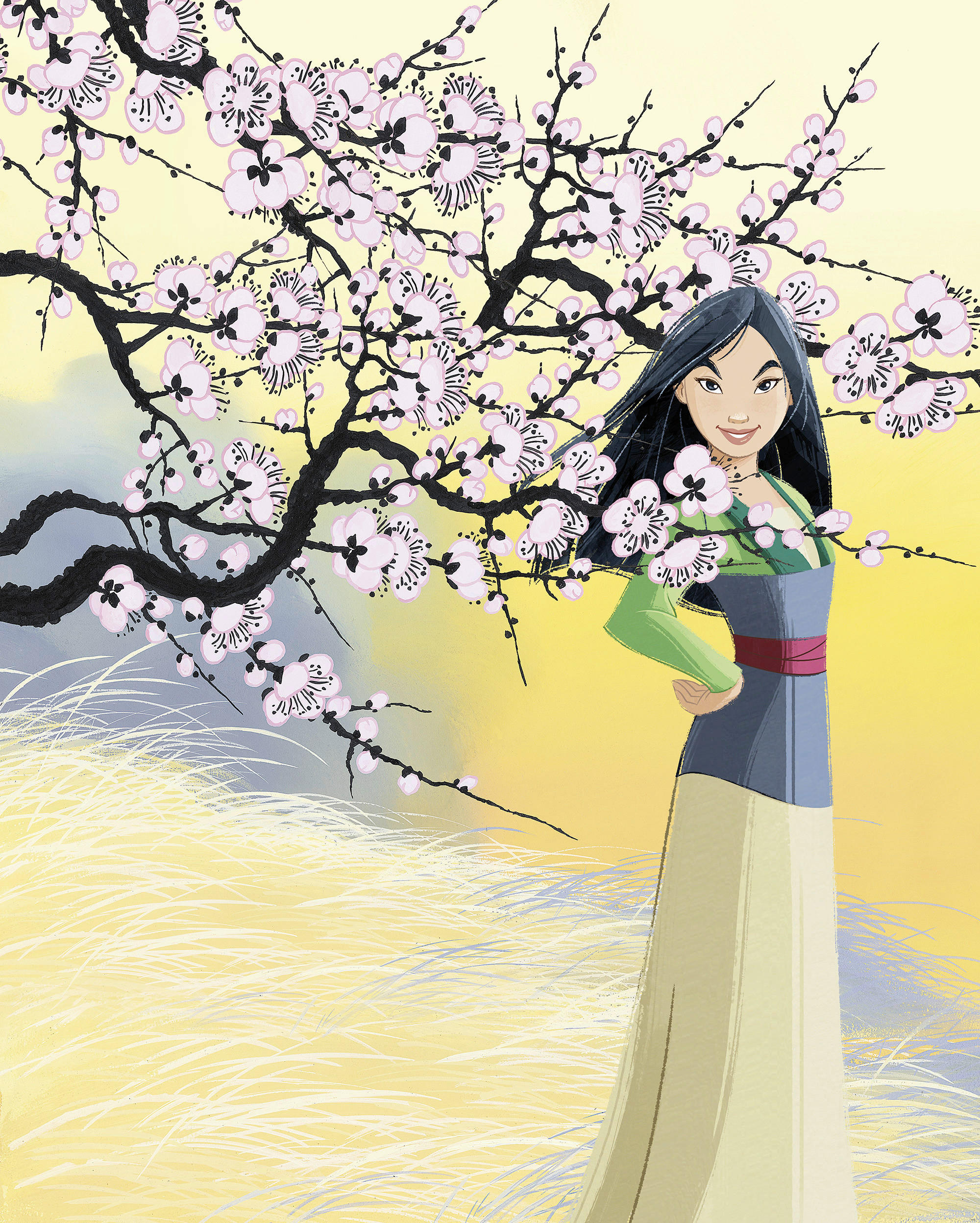 Disney Fototapete Mulan Cherry Blossoms Gelb, Grau, Natur, Rosa 200x250 cm