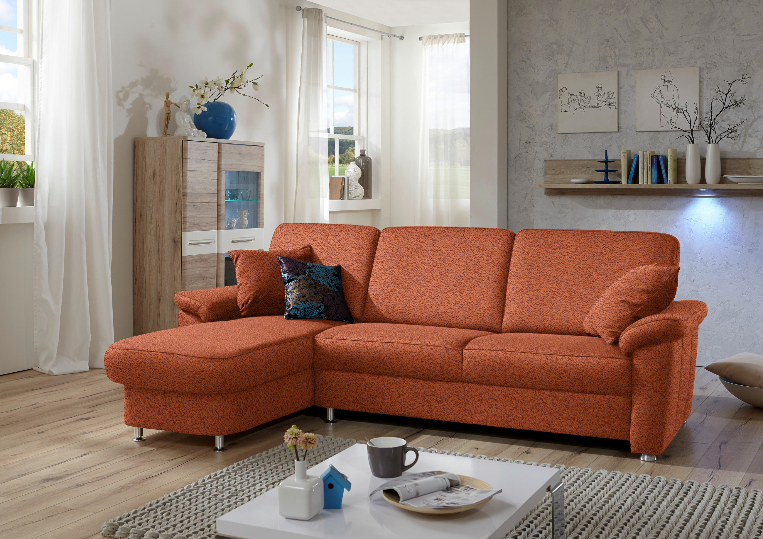 ECKSOFA in Flachgewebe Terracotta  - Chromfarben/Terracotta, Konventionell, Textil/Metall (163/250cm) - Beldomo System