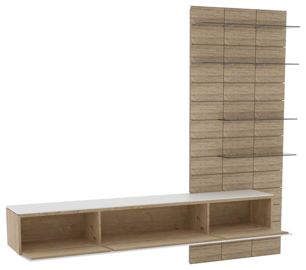 WOHNWAND 2-teilig  in Weiß, Eichefarben  256/227,5/41,4 cm  - Eichefarben/Weiß, Natur, Glas/Holz (256/227,5/41,4cm) - Voglauer