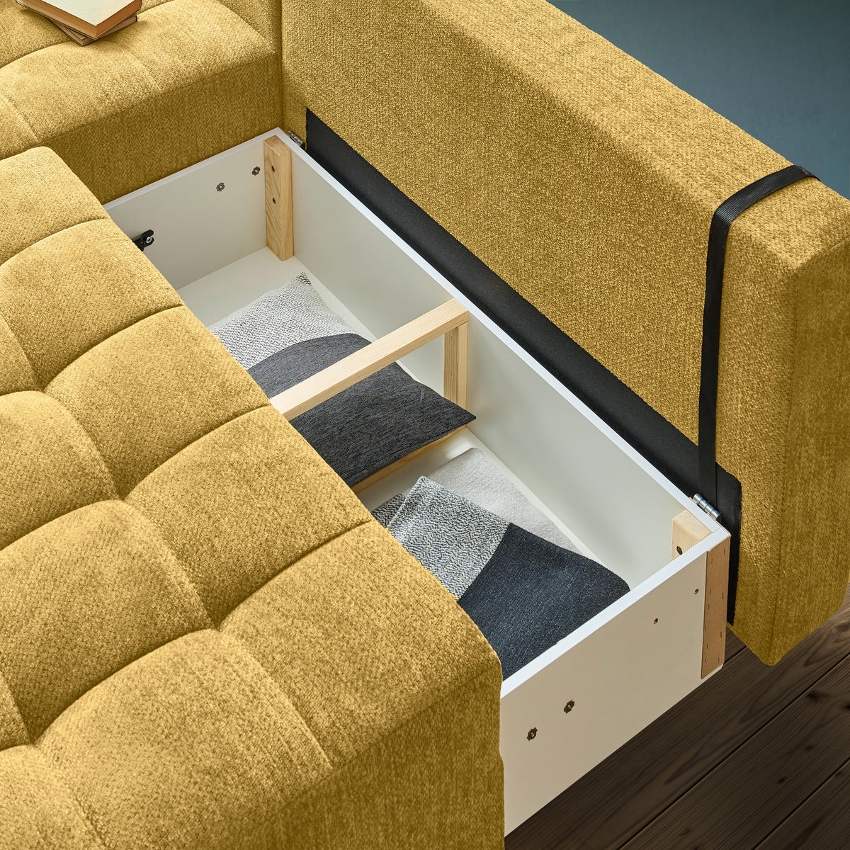ECKSOFA Senfgelb Chenille  - Senfgelb/Schwarz, MODERN, Kunststoff/Textil (145/204cm) - home24