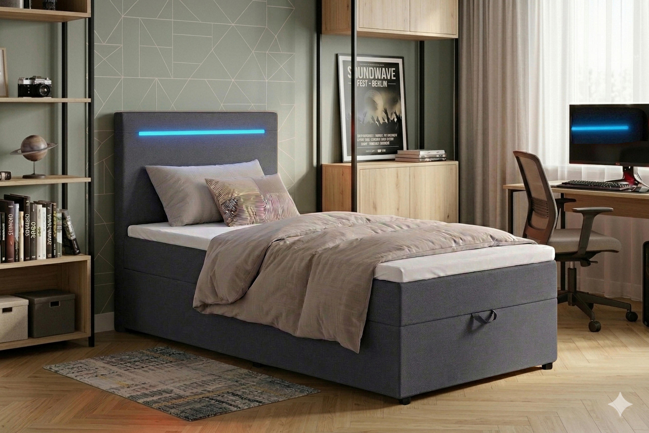 BOXBETT 100/200 cm,  in Anthrazit, Bettkasten, Topper, Kopfteilbeleuchtung,  - Anthrazit/Schwarz, MODERN, Kunststoff/Textil (100/200cm) - MID.YOU