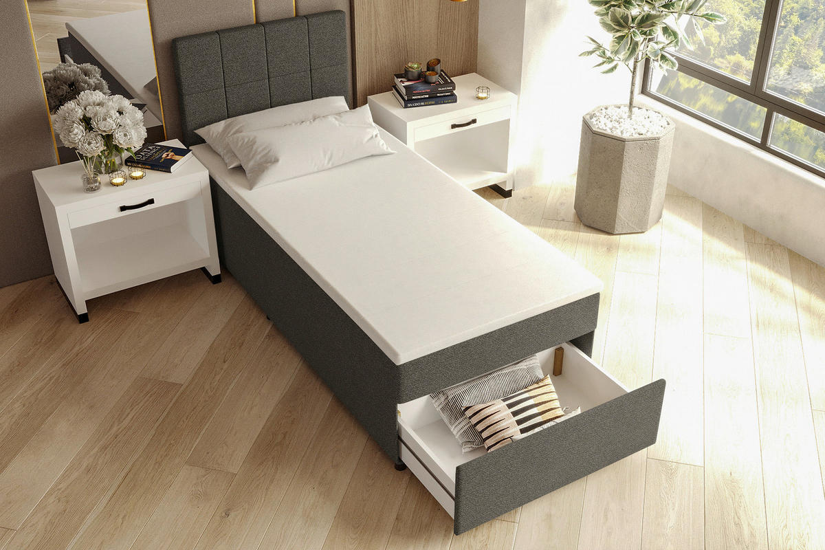 BOXBETT 90/200 cm,  in Anthrazit, Matratze, Topper, Bettschublade, H3 = fest  - Anthrazit/Schwarz, KONVENTIONELL, Kunststoff/Textil (90/200cm) - Boxxx