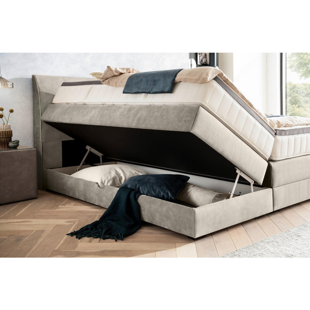 Thumbnail - Novel Boxspringbett, Hellgrau, Textil, Wenge, H2 + H4, 7-Zonen, Höhe ca. 27 cm, 160x200 cm, Bettkasten, Federkernmatratz...