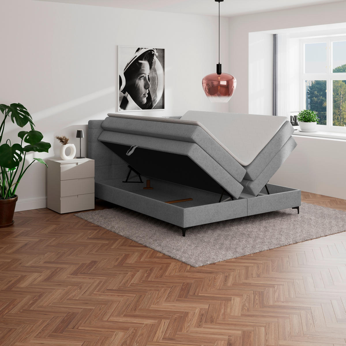 BOXSPRINGBETT 160/200 cm,  in Hellgrau, H3 = fest  - Hellgrau/Schwarz, KONVENTIONELL, Kunststoff/Textil (160/200cm)