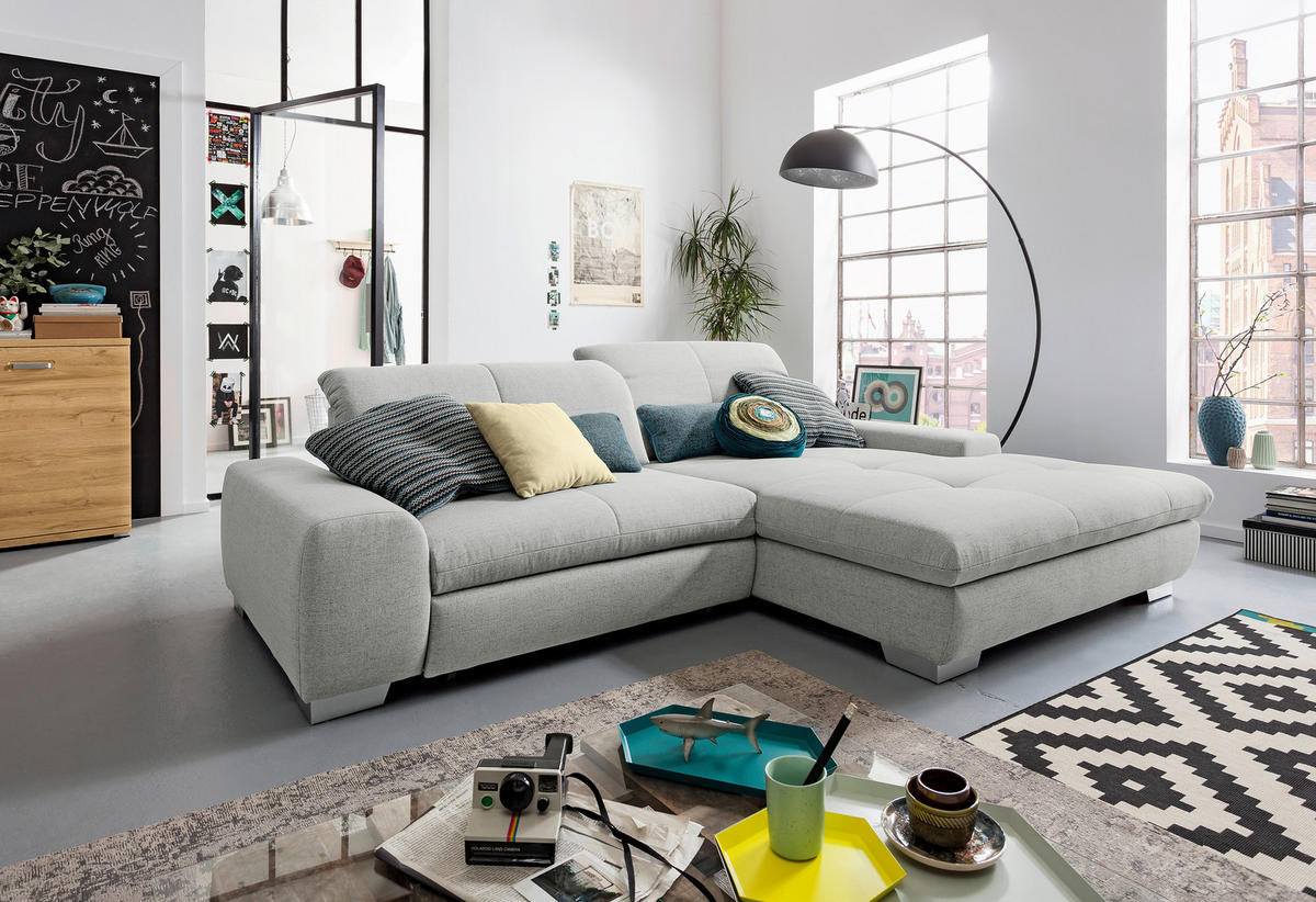 ECKSOFA Hellgrau Flachgewebe  - Chromfarben/Hellgrau, Design, Textil/Metall (276/198cm) - SetOne by Musterring