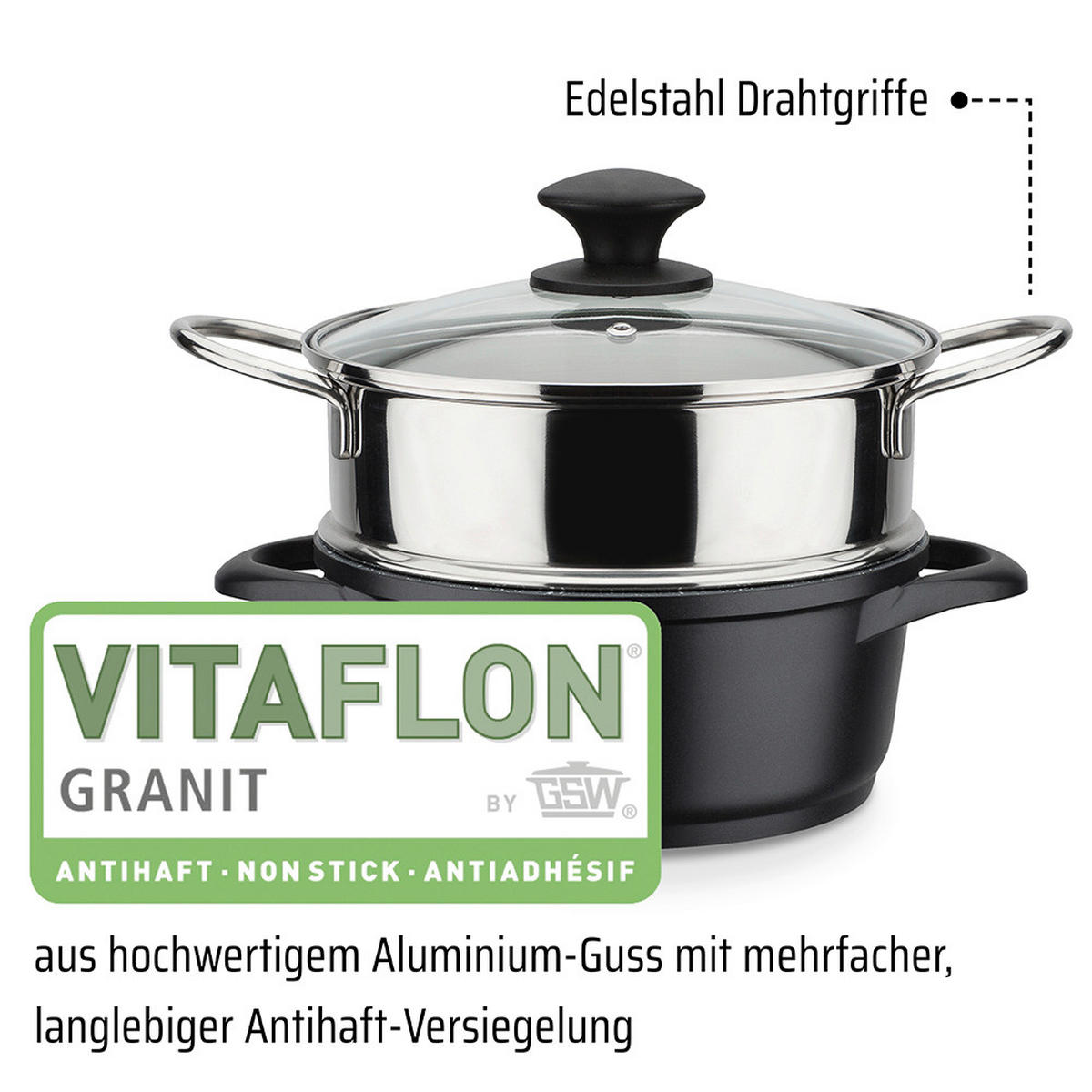 KOCHTOPFSET GOURMET GRANIT 5-teilig  - Schwarz, Basics, Metall - GSW