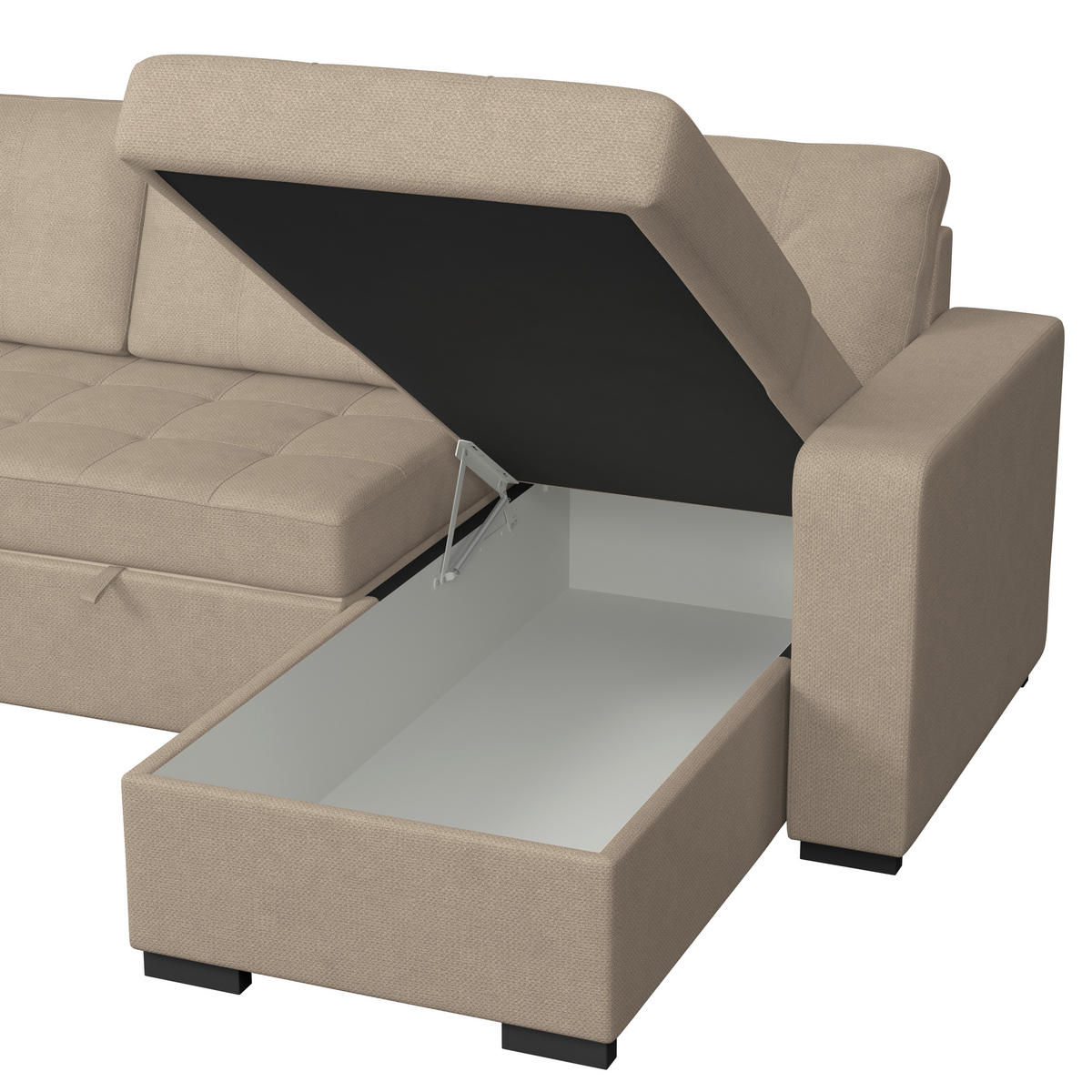 ECKSOFA TURIN Beige Mikrofaser, Struktur Rückenkissen, Bettkasten  - Beige/Schwarz, Trend, Textil/Metall (239/160cm) - MID.YOU