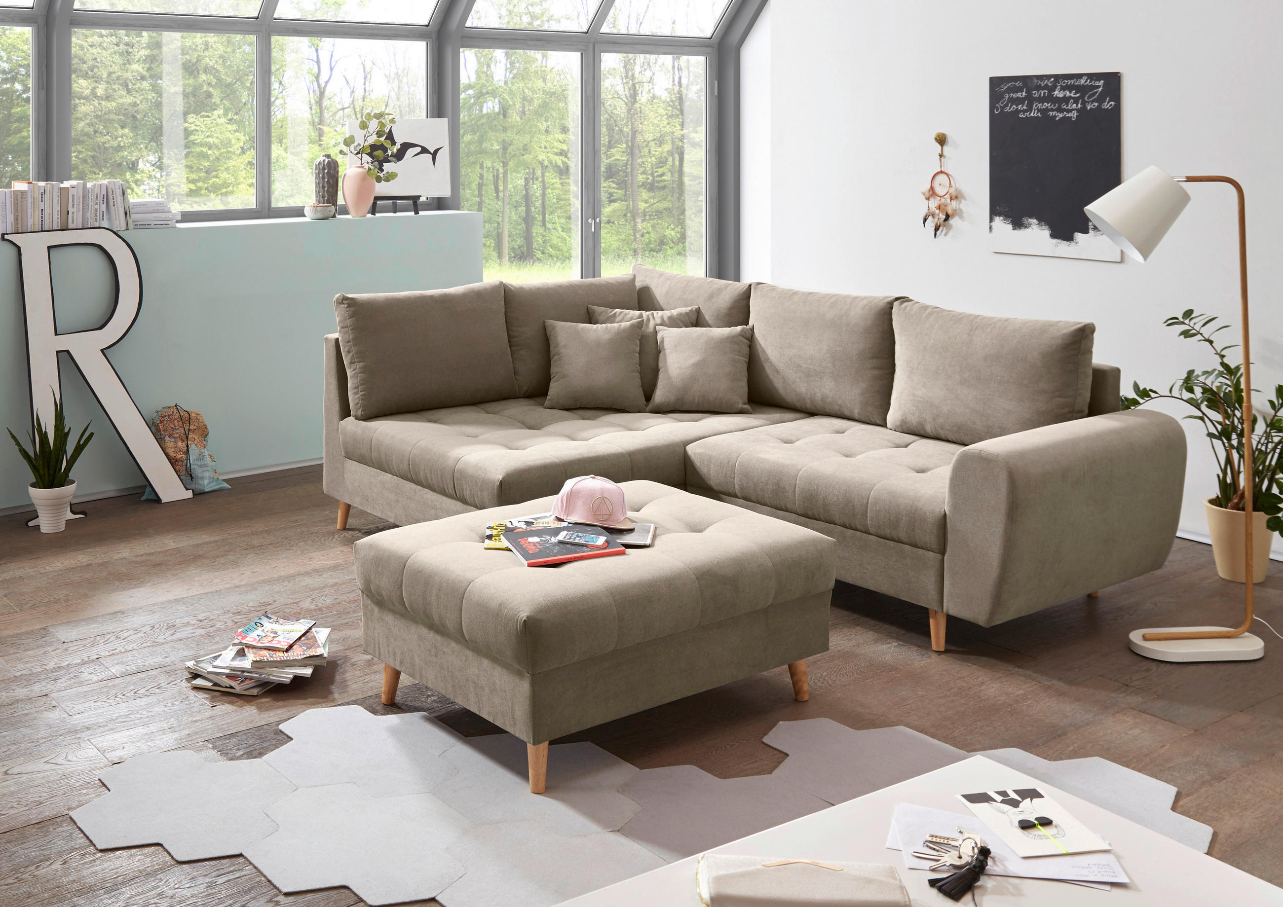 HOCKER Mikrovelours Sandfarben - Sandfarben/Kieferfarben, KONVENTIONELL, Holz/Textil (106/48/80cm) - MID.YOU
