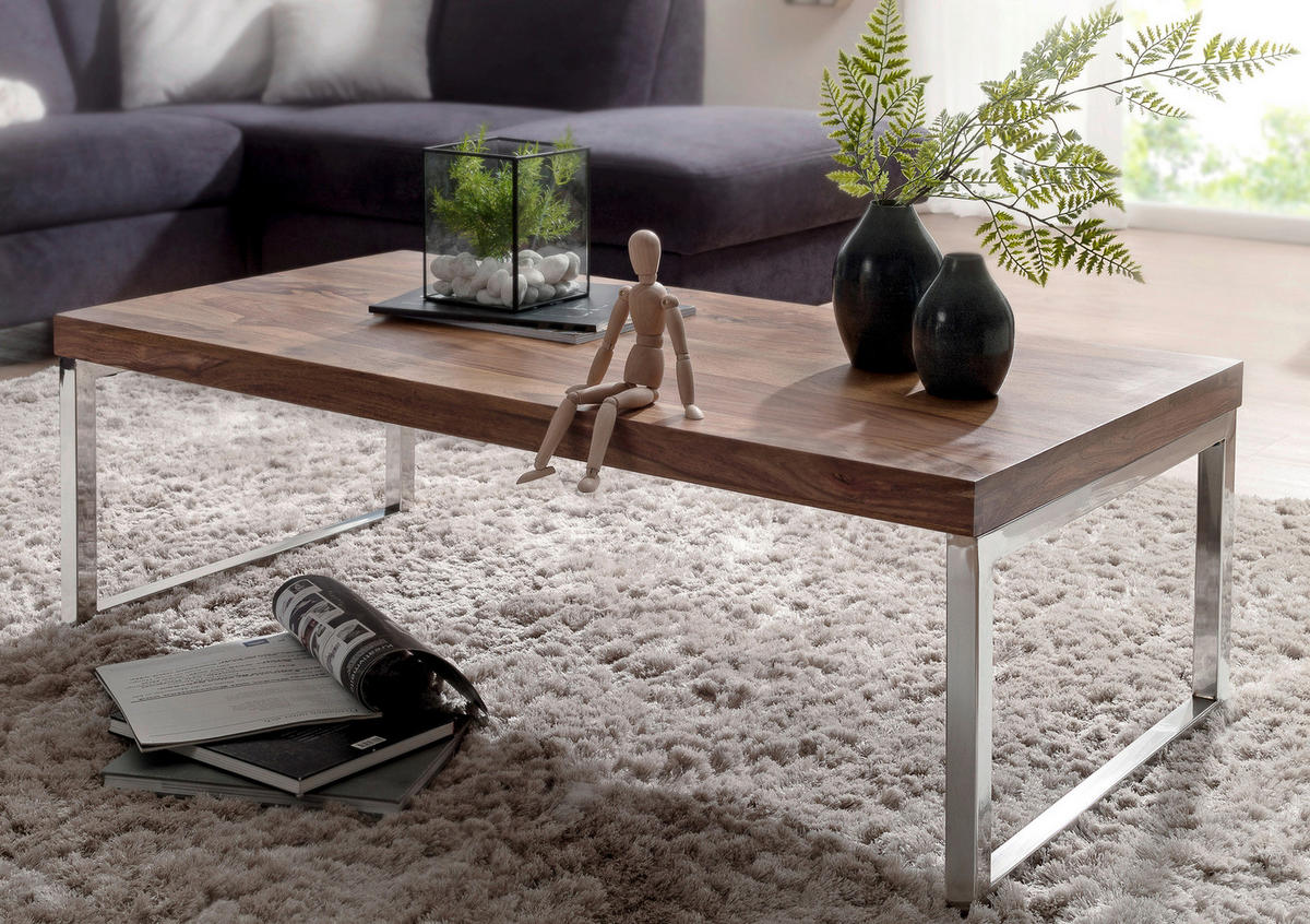 COUCHTISCH Sheesham massiv 120/60/40 cm rechteckig Sheeshamfarben  - Chromfarben/Sheeshamfarben, Design, Holz/Metall (120/60/40cm) - MID.YOU