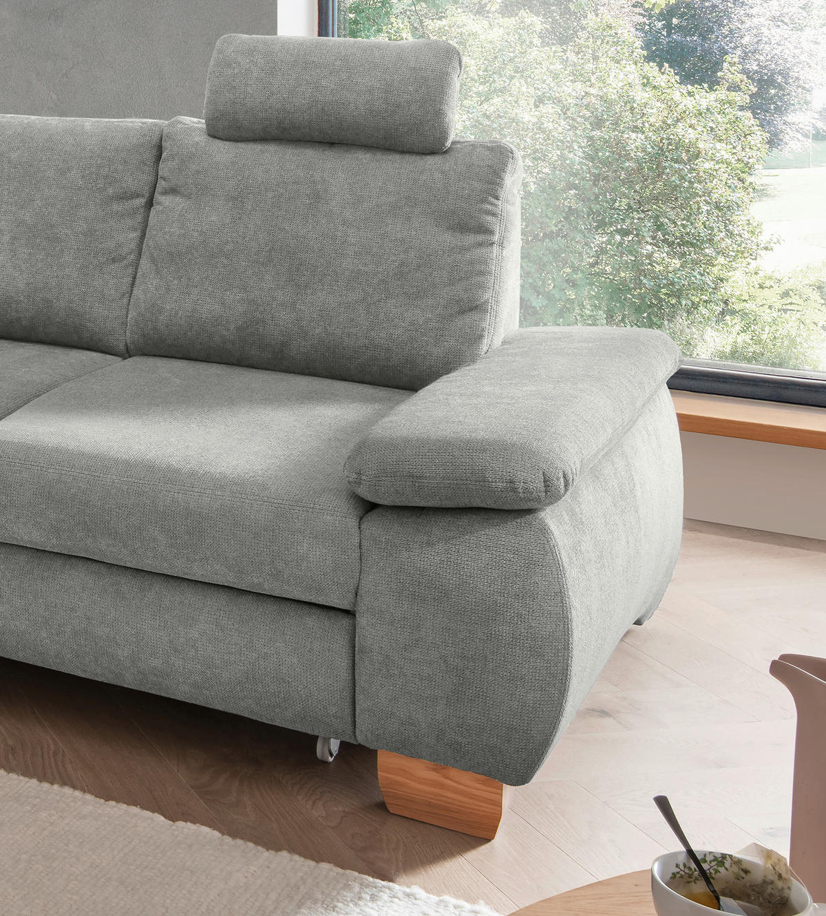 ECKSCHLAFSOFA  mit Liegefunktion, Rücken echt, Armteil rechts Chenille Grau  - Wildeiche/Grau, MODERN, Holz/Textil (206/261cm) - Livetastic