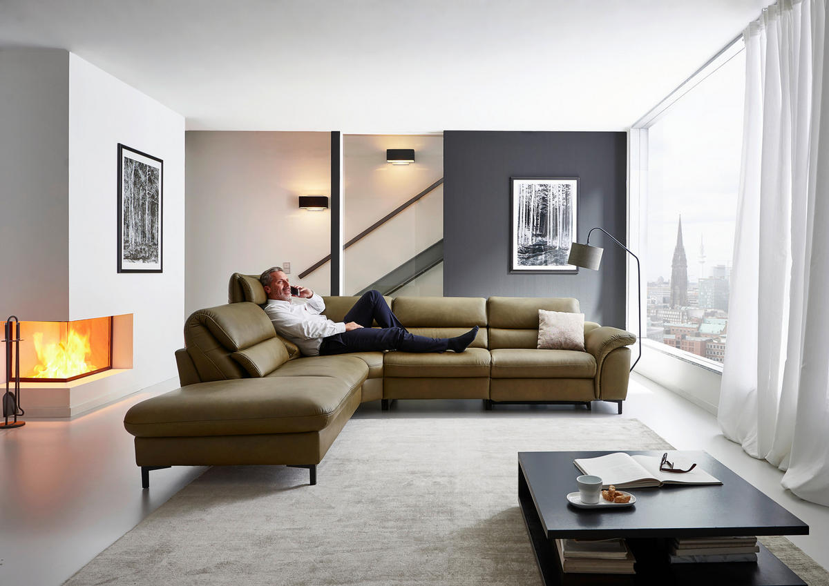 ECKSOFA inkl. Funktionen Valdera Schlammfarben Echtleder  - Schlammfarben/Schwarz, Design, Leder/Metall (246/280cm) - Hukla