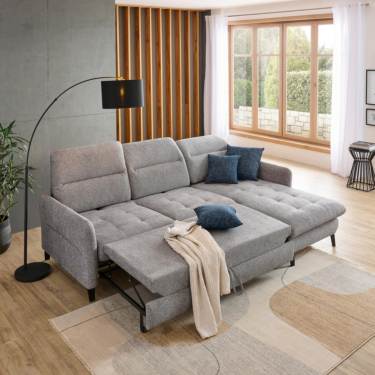 ECKSOFA Hellgrau Plüsch  - Hellgrau/Schwarz, KONVENTIONELL, Textil/Metall (254/190cm) - Livetastic