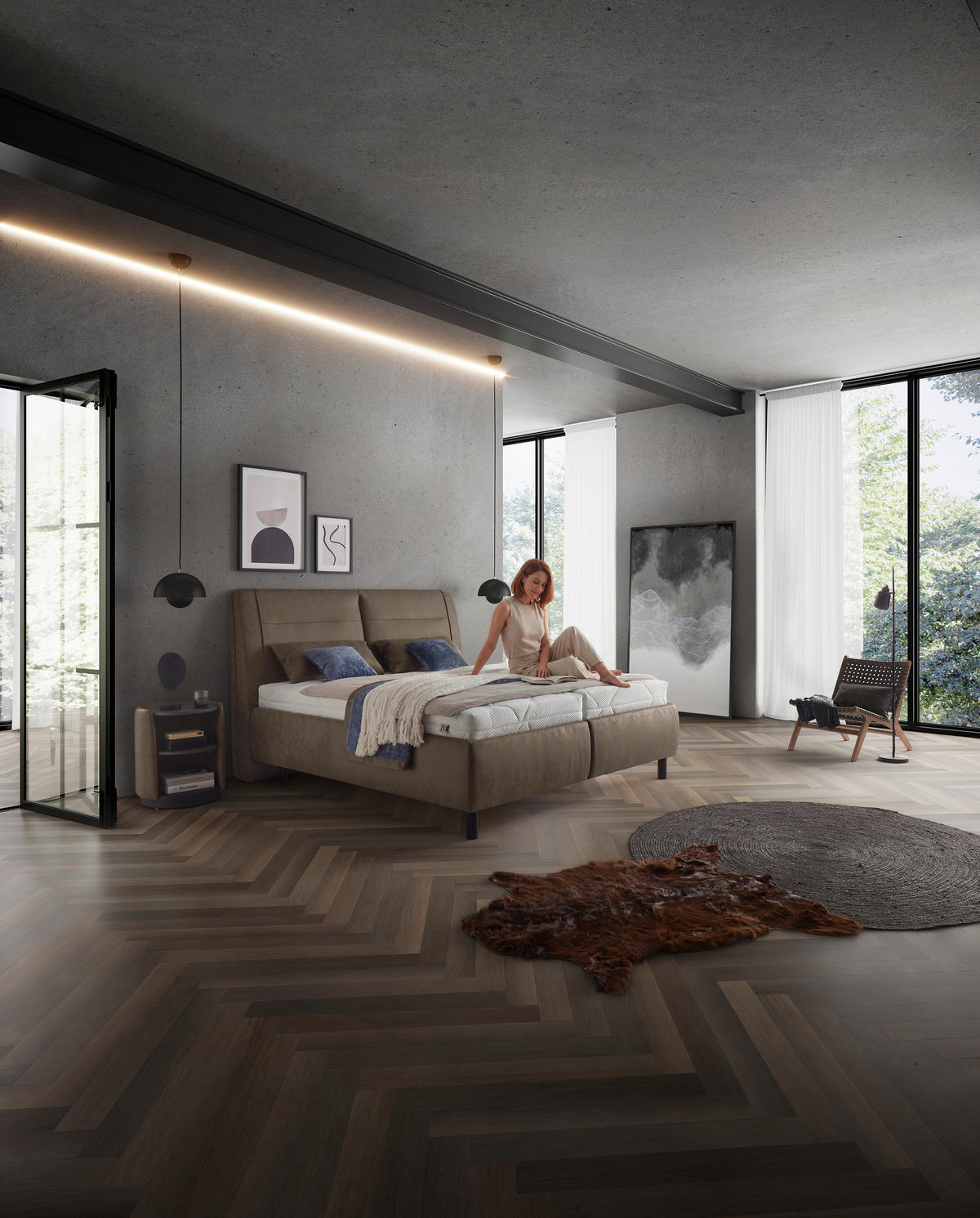 POLSTERBETT 180/200 cm,  in Graubraun, Matratze, gepolstertes Kopfteil, unterschiedliche Matratzenhärtegrade je Bettseite, H3 + H4 = fest + sehr fest  - Weiss/Graubraun, Konventionell, Holz/Holzwerkstoff (180/200cm) - Dieter Knoll