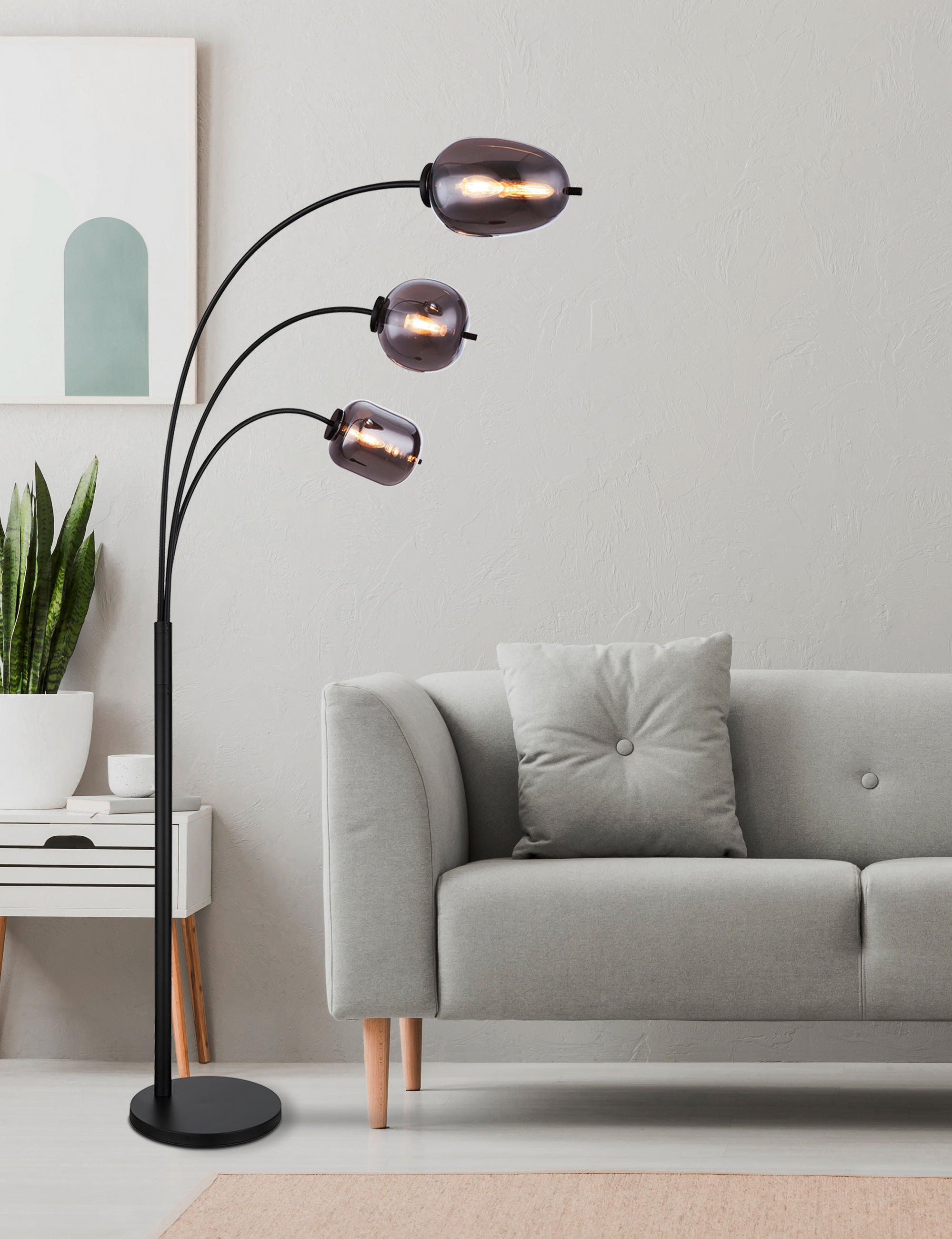 BOGENLEUCHTE 80/60/175 cm    - Schwarz/Grau, Design, Glas/Metall (80/60/175cm) - Globo