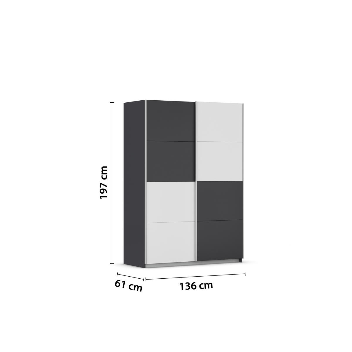 SCHWEBETÜRENSCHRANK 136/197/61 cm 2-türig Graphitfarben, Weiß  - Graphitfarben/Alufarben, MODERN, Holzwerkstoff/Metall (136/197/61cm) - Rauch Möbel