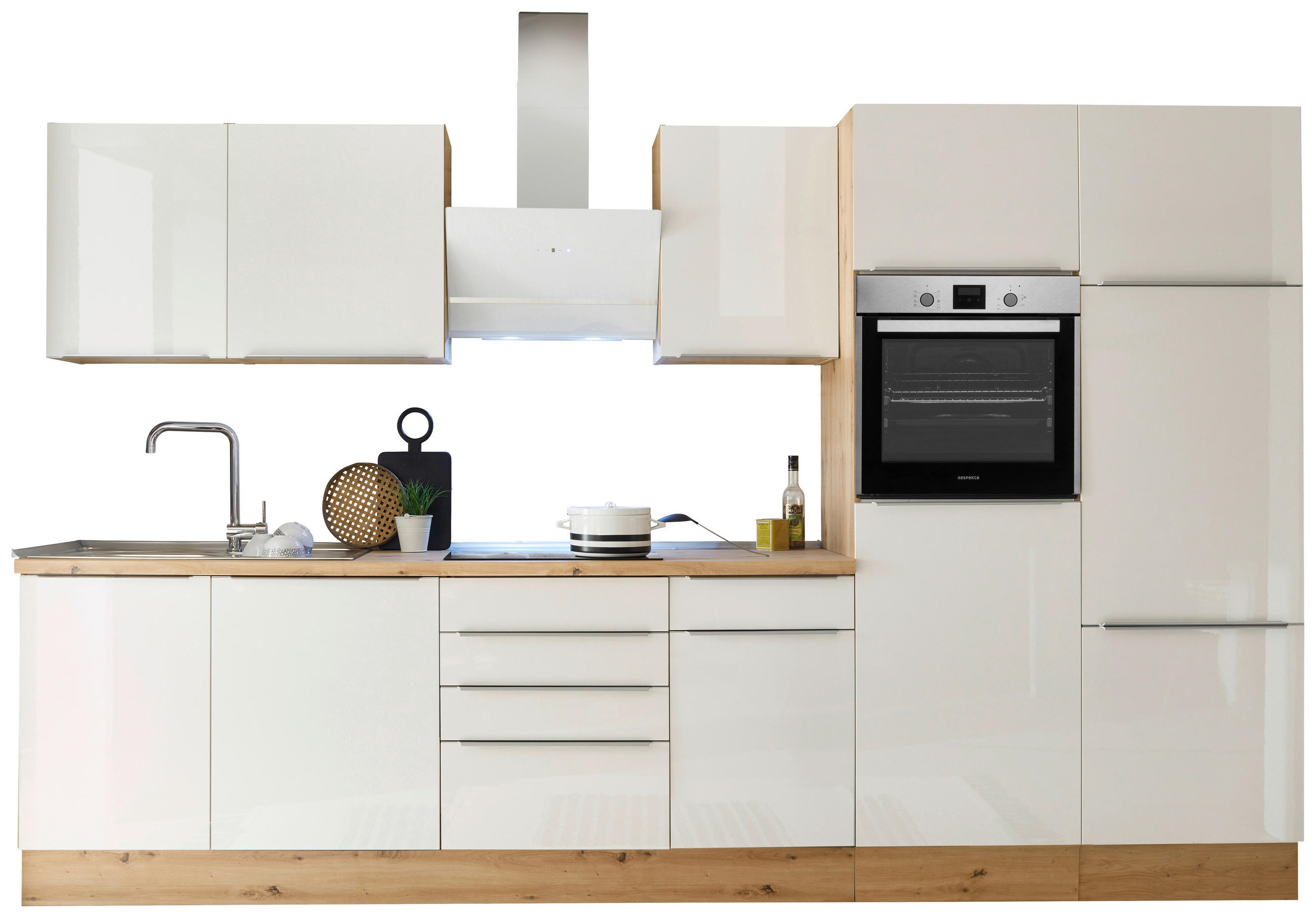 KÜCHENBLOCK 340 cm   in Eiche Artisan, Weiß Hochglanz  - Weiß Hochglanz/Alufarben, LIFESTYLE, Holzwerkstoff/Kunststoff (340cm) - Respekta