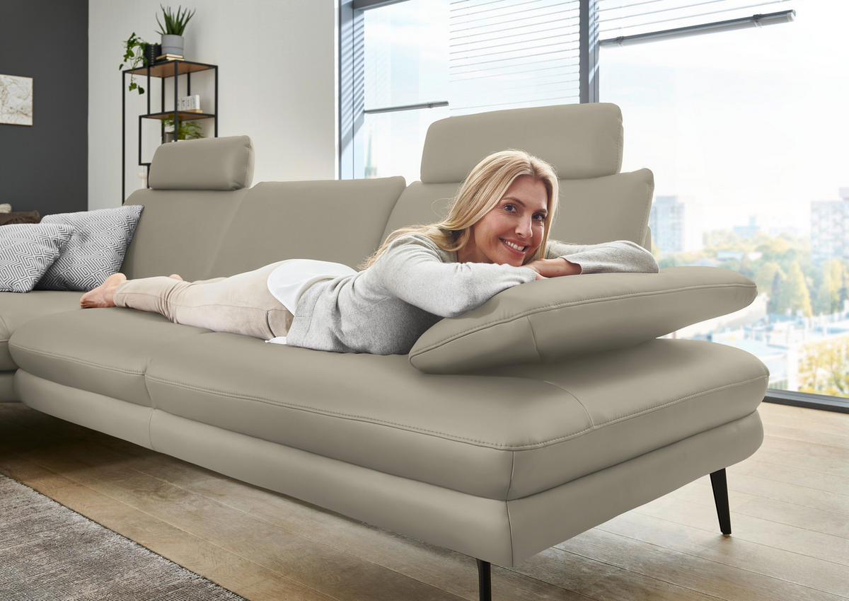 ECKSOFA in Echtleder Ecru  - Ecru/Schwarz, Design, Leder/Metall (180/310cm) - Dieter Knoll