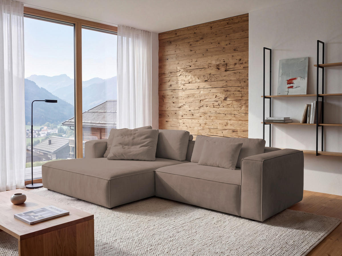ECKSOFA Taupe Chenille Rücken echt  - Taupe/Schwarz, MODERN, Kunststoff/Textil (185/296cm) - Hom`in