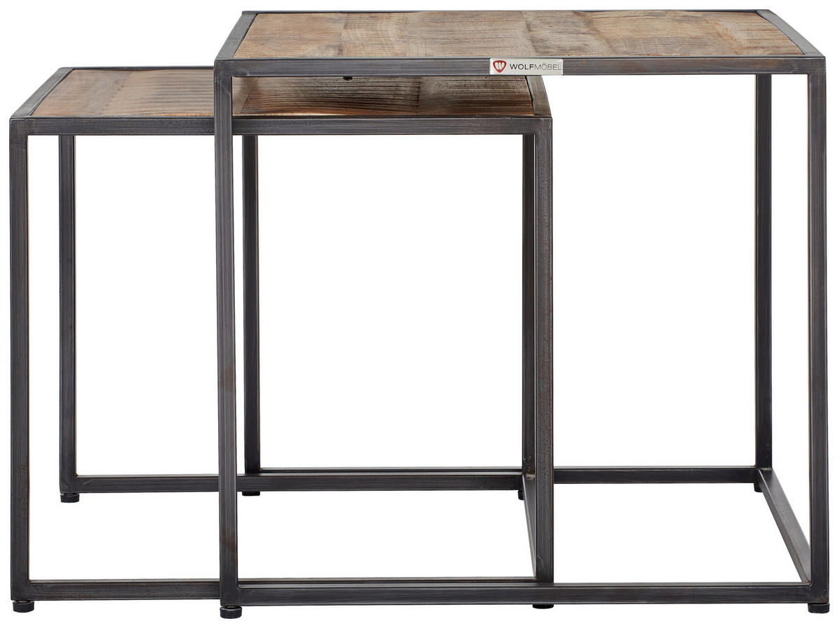 BEISTELLTISCHSET Mangoholz massiv quadratisch Naturfarben, Grau  - Anthrazit/Naturfarben, Natur, Holz/Metall (50/45/50cm) - MID.YOU