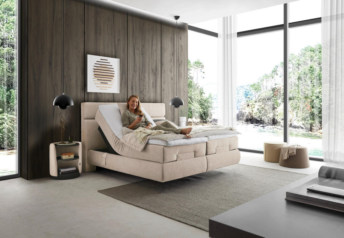 BOXSPRINGBETT 180/200 cm,  in Creme, motorische Verstellbarkeit, Matratzen, H3 + H3 = fest  - Creme/Schwarz, Design, Kunststoff/Textil (180/200cm) - Dieter Knoll