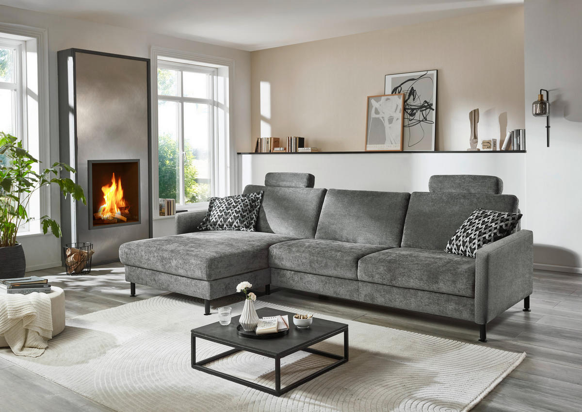 ECKSOFA in Chenille, Flachgewebe Dunkelgrau  - Dunkelgrau/Schwarz, Design, Textil/Metall (175/316cm) - Dieter Knoll