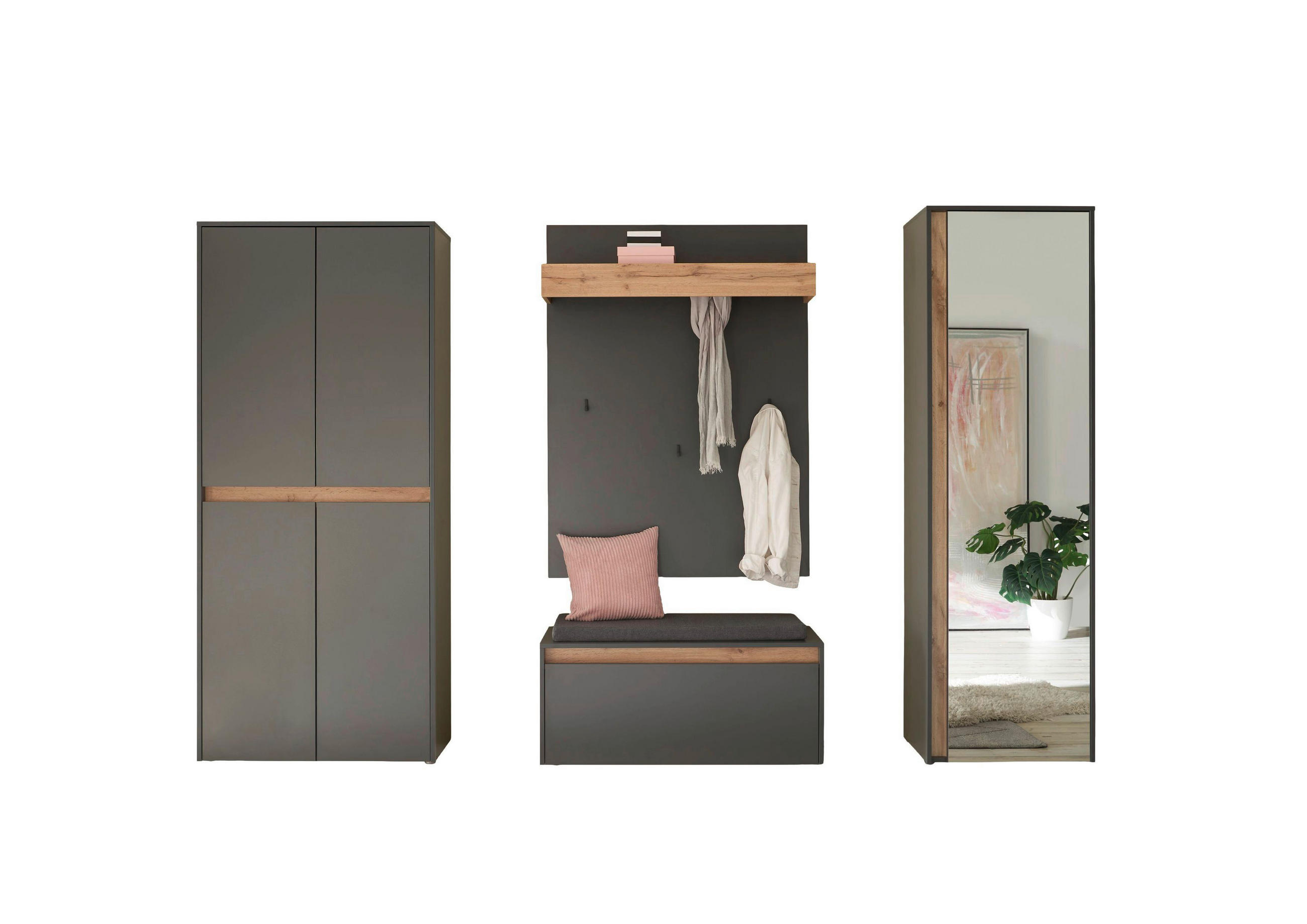 GARDEROBE 5-teilig  in 255/200/40 cm  - Anthrazit/Eiche Wotan, Design, Glas/Holzwerkstoff (255/200/40cm) - Modante
