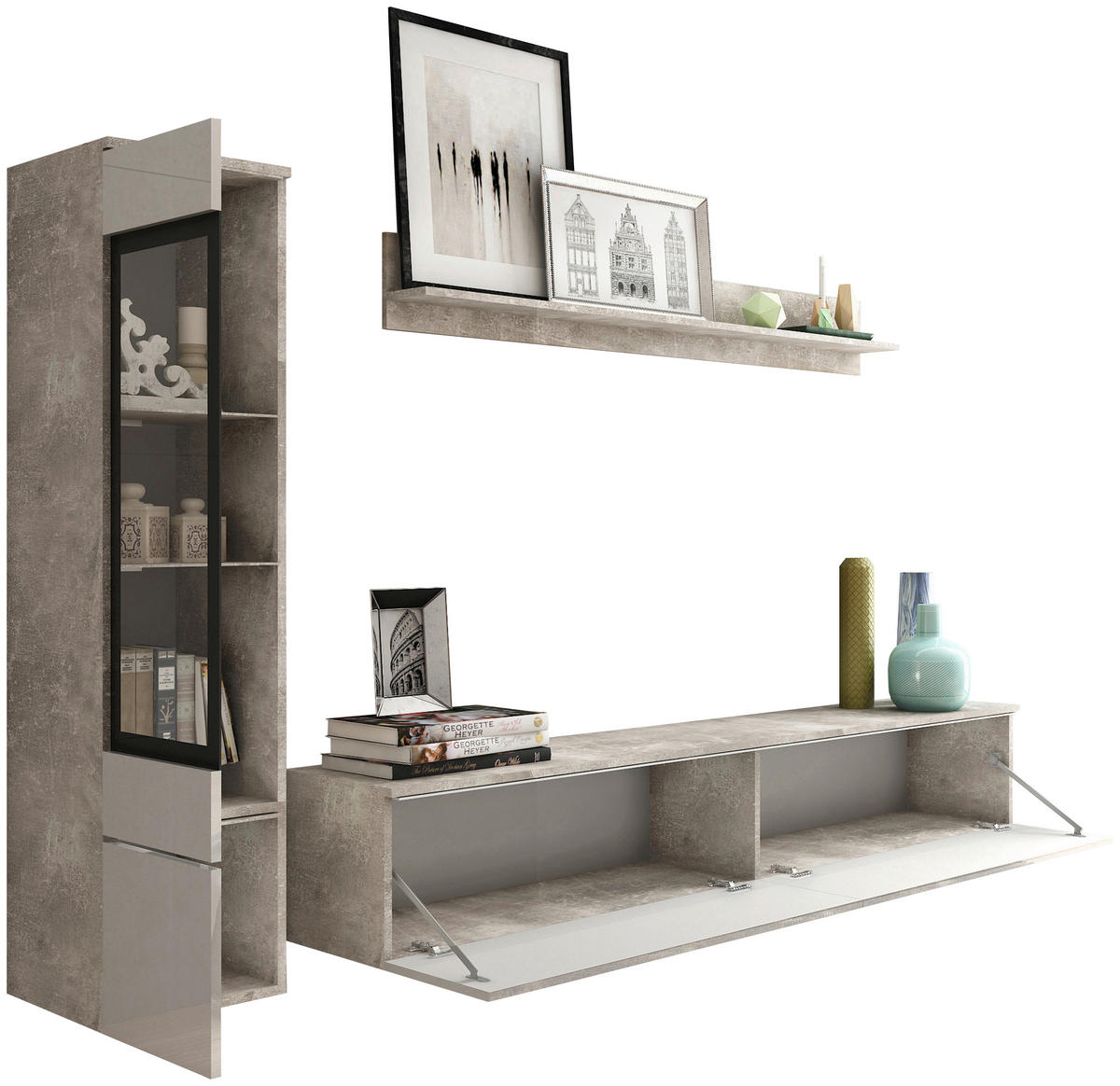 OBÝVACIA STENA, biela s vysokým leskom, sivá - sivá/biela s vysokým leskom, Lifestyle, kompozitné drevo/plast (210/130/33cm) - P & B