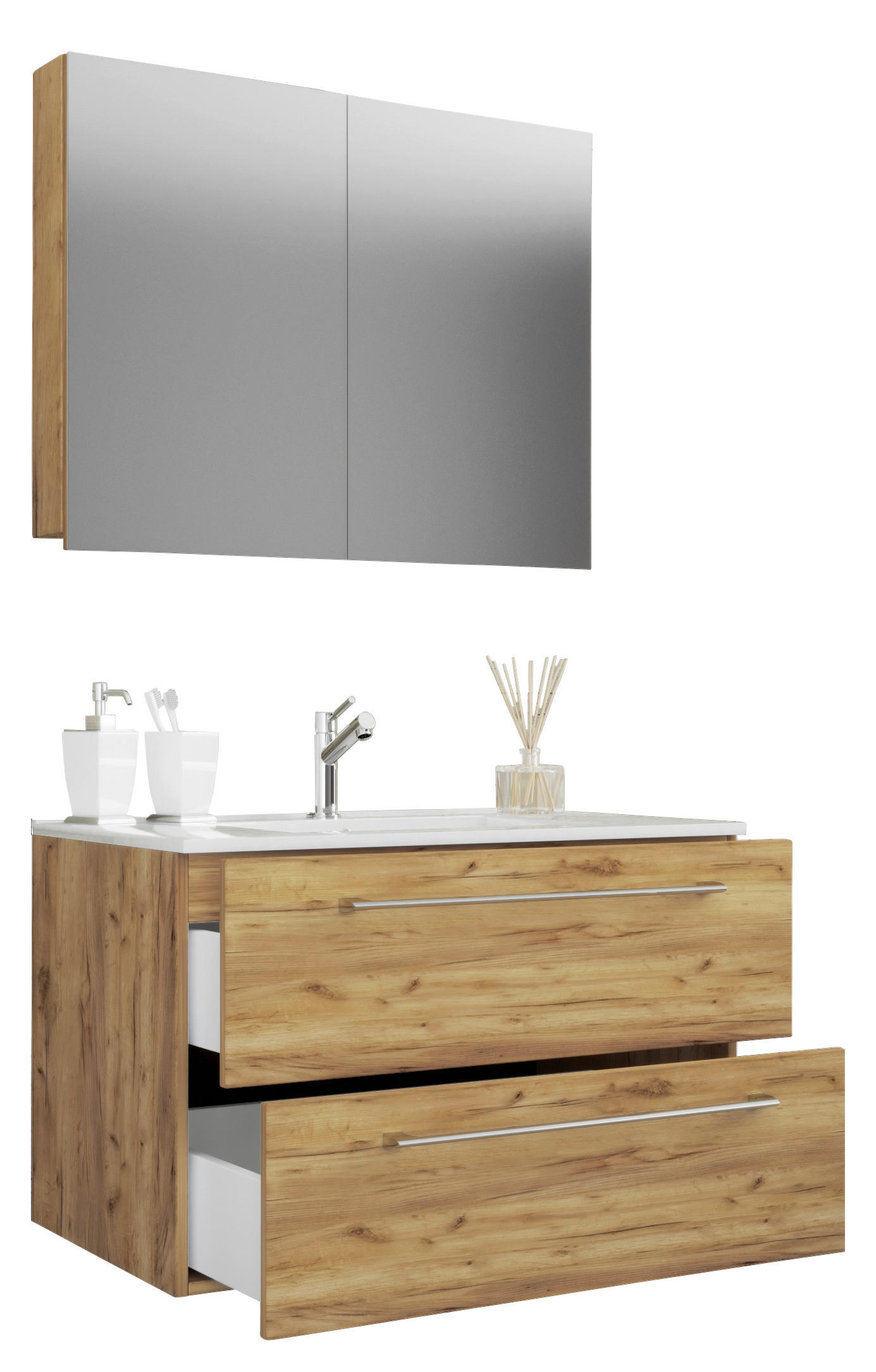 BADEZIMMER 3-teilig  in 80 cm  - Honigeiche/Alufarben, MODERN, Keramik/Holzwerkstoff (80cm) - MID.YOU