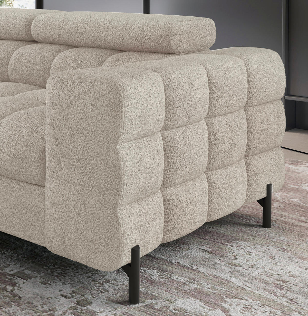 ECKSOFA FERUCCE Creme Teddystoff Bettkasten, Kopfteilverstellung  - Creme/Schwarz, Design, Textil/Metall (200/276cm) - MID.YOU
