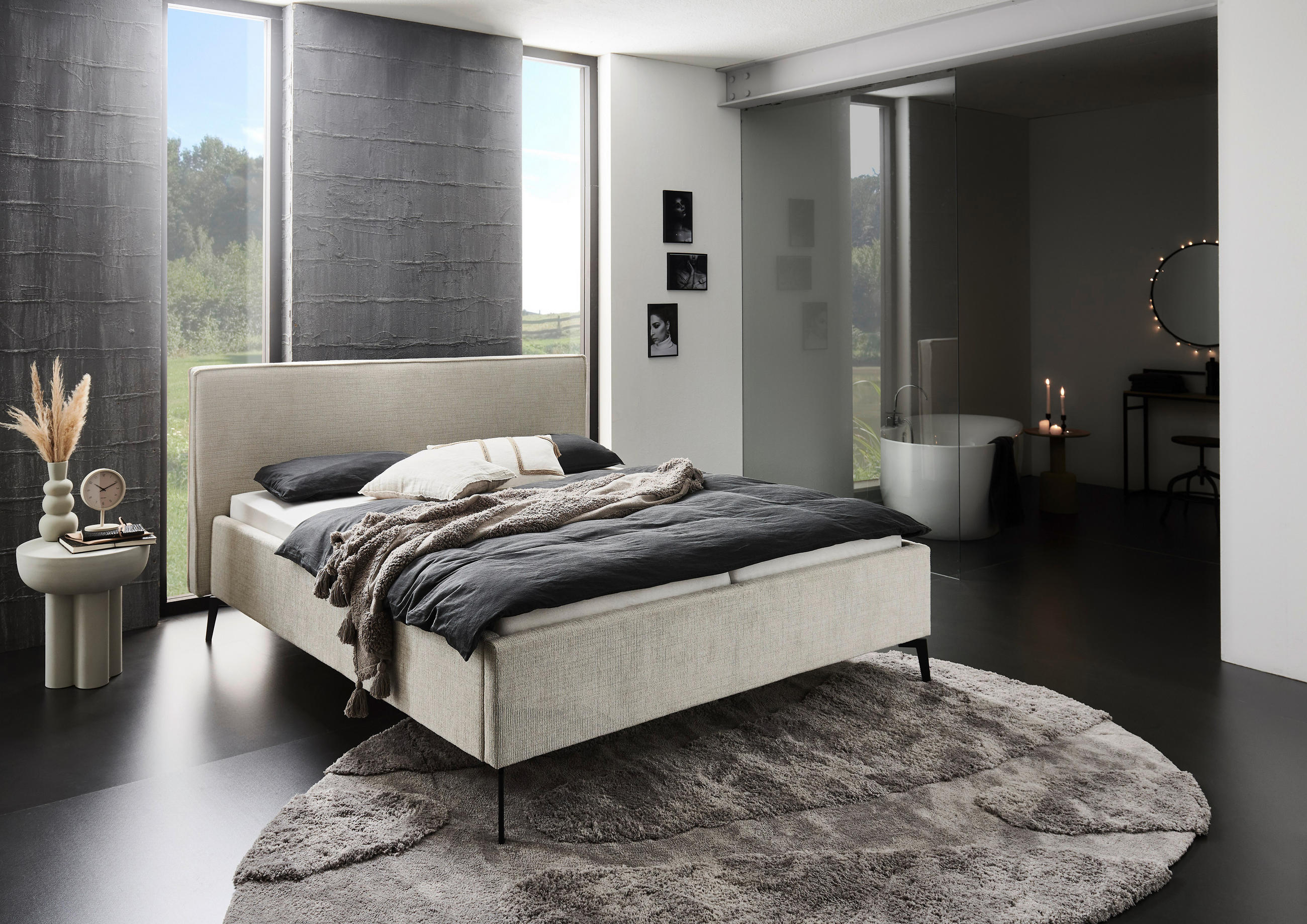 POLSTERBETT Lattenrost, Bettkasten 160/200 cm  in Greige  - Greige/Birkefarben, Design, Holz/Textil (160/200cm) - home24