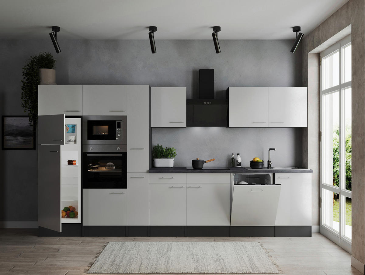 KÜCHENBLOCK 370 cm   in Grau, Weiß  - Silberfarben/Weiß, Design, Holzwerkstoff/Metall (370cm) - Respekta