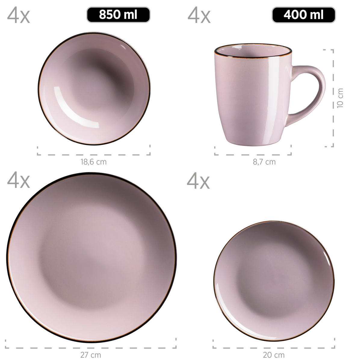 KOMBISERVICE Dunkelrosa Metallic Rim 16-teilig 4 Personen  - Dunkelrosa, Basics, Keramik - Mäser