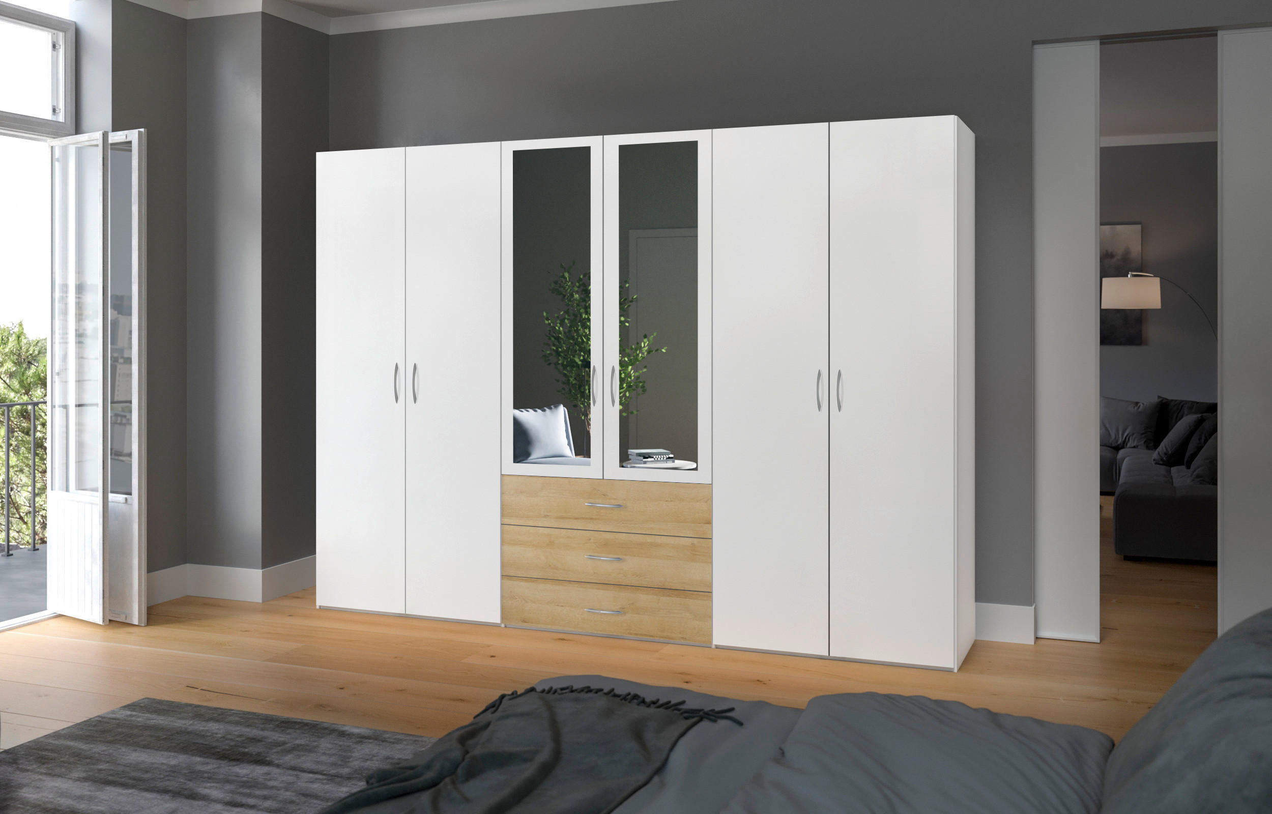 KLEIDERSCHRANK 303/215/59 cm 6-türig Weiß, Eichefarben  - Eichefarben/Silberfarben, Design, Glas/Holzwerkstoff (303/215/59cm) - Boxxx