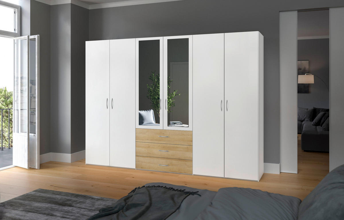 KLEIDERSCHRANK 303/215/59 cm 6-türig Weiß, Eichefarben  - Eichefarben/Silberfarben, Design, Glas/Holzwerkstoff (303/215/59cm) - Boxxx