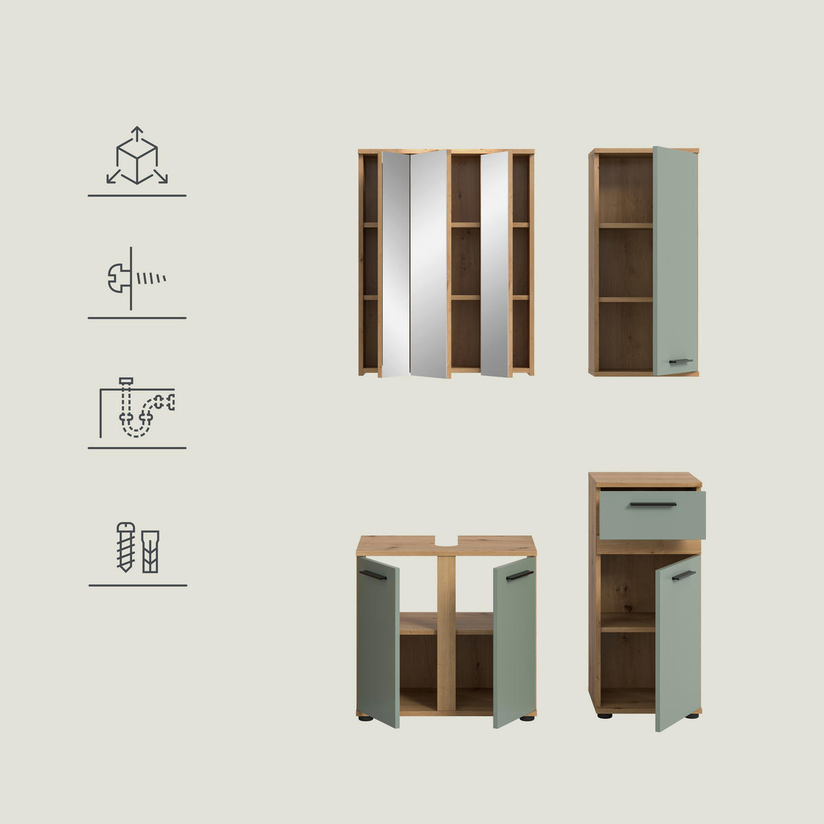 BADEZIMMER 4-teilig  in 110 cm  - Salbeigrün/Schwarz, Trend, Glas/Holzwerkstoff (110cm) - MID.YOU
