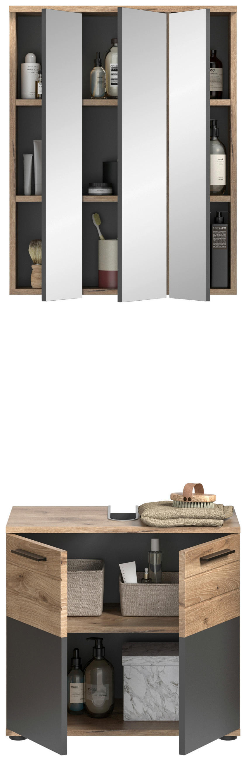 BADEZIMMER 2-teilig  in 60 cm  - Eichefarben/Schwarz, MODERN, Glas/Holzwerkstoff (60cm) - MID.YOU