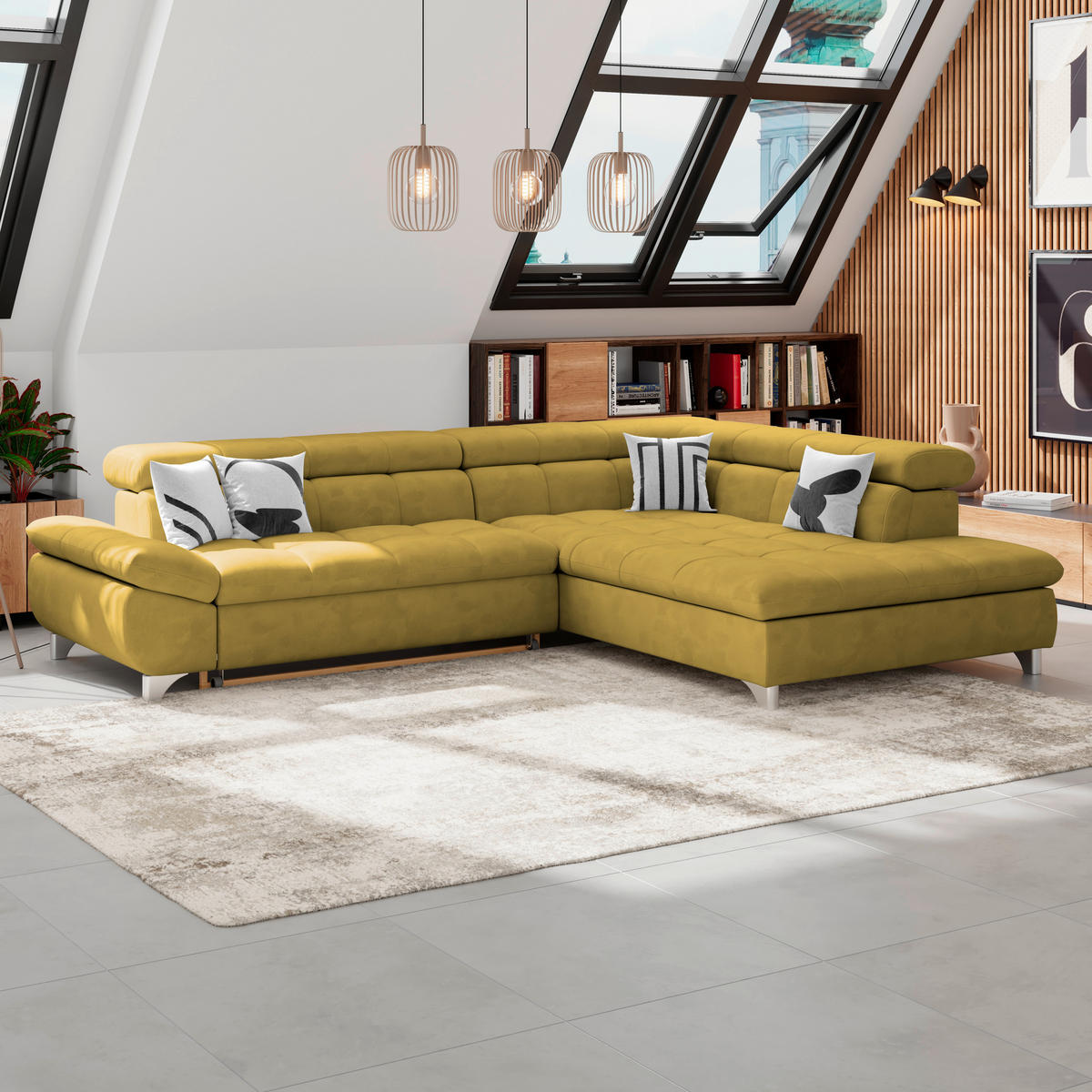 ECKSOFA Senfgelb Chenille  - Chromfarben/Senfgelb, KONVENTIONELL, Textil/Metall (312/234cm) - Livetastic