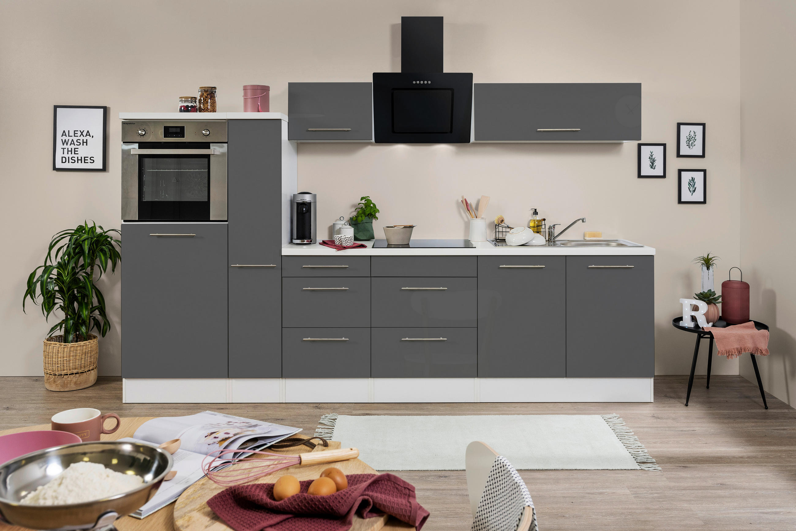 KÜCHENBLOCK 300 cm Grau, Weiß E-Geräte, Spüle, Soft-Close-System, Ab- und Überlaufgarnitur, Herdanschlusskabel - Edelstahlfarben/Weiß, KONVENTIONELL, Metall (300cm) - Respekta